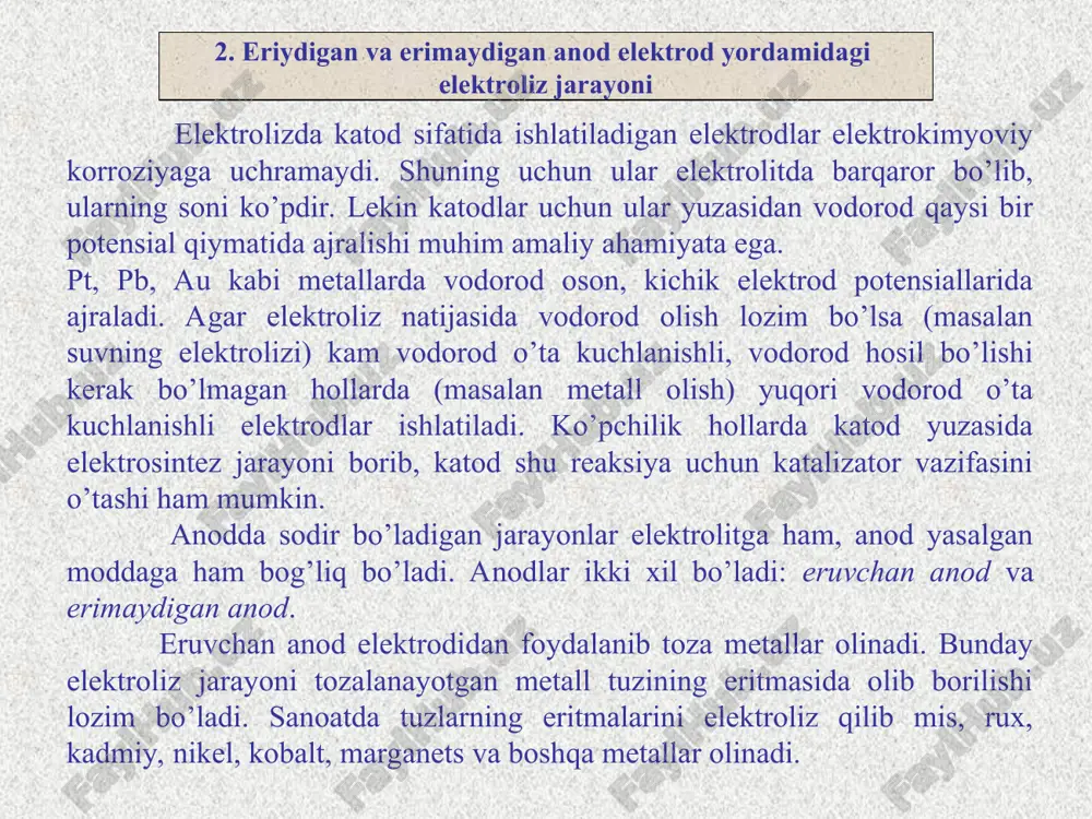 chebnoe posobie. -m.: «integral-press». 2007. 6 abdullayev m. t., ergashev o. k., xayitov b. a. kimyo. o‘quv qo‘llanma. t.: yoshlar nashriyot uyi, 2020 yil. 7. turaev z. ximiya. uchebnik. tashkent, lesson press, 2022 g, 502 s. axborot manbaalari 1. www.lex.uz - o’zbekiston respublikasi qonun xujjatlari ma’lumotlari milliy bazasi 2. www.ziyonet.uz - o’zbekiston respublikasi ta’lim portal. 3. www.bilim.uz 4. www.gov.uz 5. www.chemport.ru h oksidlanis cl e cl anodda h qaytarilis cu e cu katodda 0 2 0 _ 2 2 2 : 2 : ® - ® + - - + - - + ® + on n e o n 2 2 2 2 2 ­ + ­ + ¾ ¾ ¾ ® ¾ + 2 2 2 2 2 2 cl h naoh o h nacl elektroliz ­ + = - + ­ = + - - + 2 2 2 2 2 4 4 2 2 4 2 …