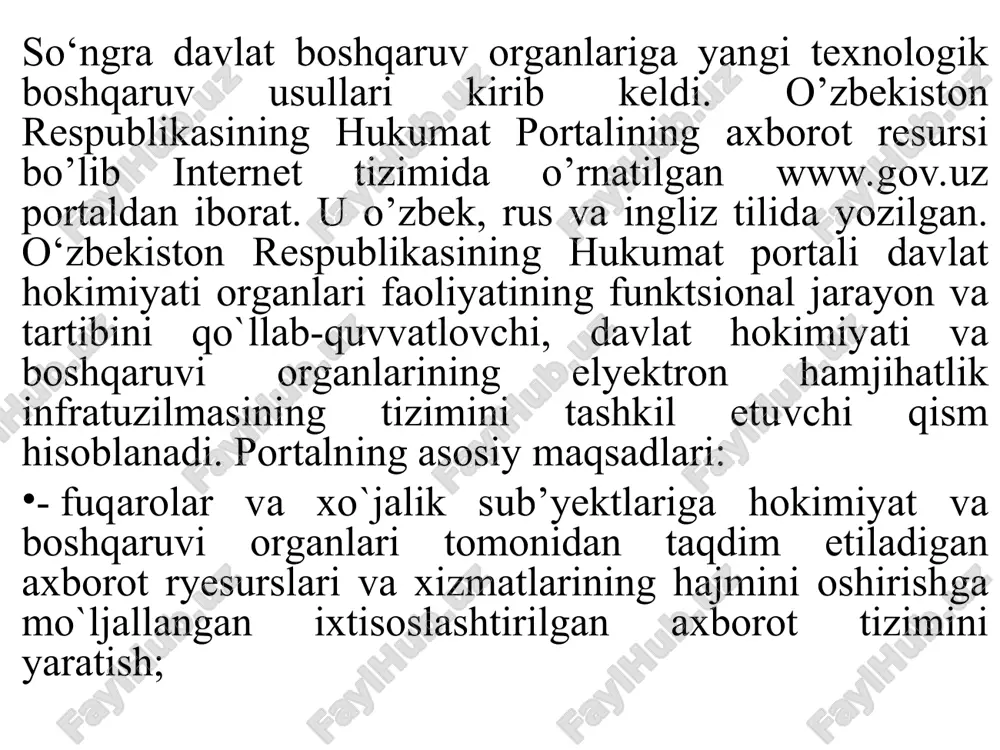v to‘lovarni amalga oshirish (daromad solig‘i, qqs, yer solig‘i va x.k); - eksport-import tovarlar uchun yo’llanmalarni rasmiylashtirish; - statistik hisobotni tayyorlash; xizmatlar turi oshgan sari bu qator yana kengayishi mumkin.