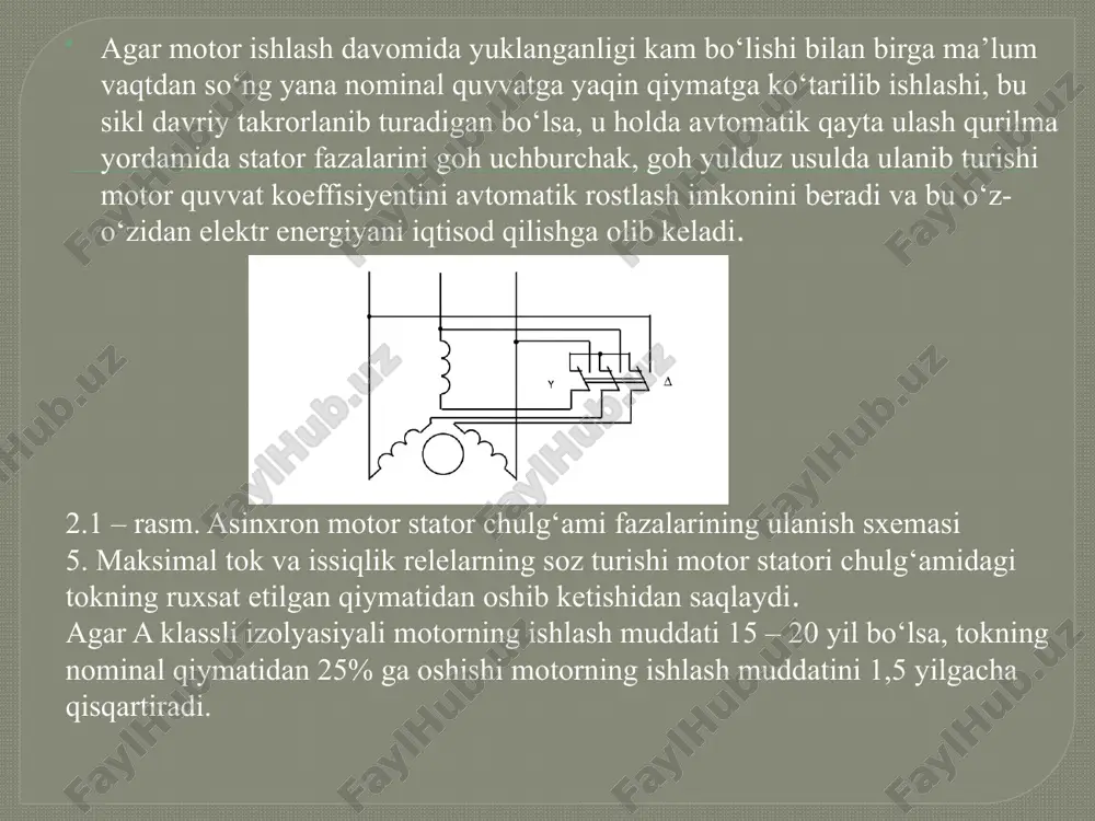 nxron motorlarni sinxron rejimga o‘tkazish, ularning energetik ko‘rsatkichlarini sezilarli darajada oshishini ta’minlaydi, masalan quvvati 80 kvt gacha bo‘lgan asinxron motorlarning fik 2,5% gacha va undan katta quvvatlilarniki esa 1,5% gacha oshadi; o‘rta hisobda quvvat koeffisienti 30% gacha ko‘tariladi va yuklanish nominalga teng bo‘lganida esa xatto 1,0 gacha ko‘tarilishi mumkin. 4.chastotani o‘zgartirib tezligi rostlanadigan asinxron motorlarning ishlash prinsipi invertorni boshqarish, chastota o‘zgartirgichning chiqishidagi chastota va kuchlanish qiymatlarini aniqlovchi fb va ub signallari orqali amalga oshiriladi. ushbu signallar boshqarish sxemasida shakllantiriladi. uning tarkibiga tezlik rostlagichi tezr, tok rostlagichi tokr, tezlik tt va tok td datchiklari, ijrochi kuchaytirgichlar σ1 va σ2 (proportsional rostlagichlar), tezr signalini chegaralash bloki chb, funksional o‘zgartirgich fo‘ va jadallashtiruvchi topshiriqgichi jt kiradi. tezlik rostlagichi tezr jadallashtiruvchi topshiriqchi jkt va ijrochi kuchaytirgich σ1 bilan birgalikda fb signali yordamida elektr yuritmaning turg‘un va o‘tish rejimlarida dvigatelning tezligi va tezlanishini talab darajasida rostlanishini ta’minlaydi. 4.1-rasm chatotaviy boshqariladigan asinxron elektr yuritma sxemasi va …