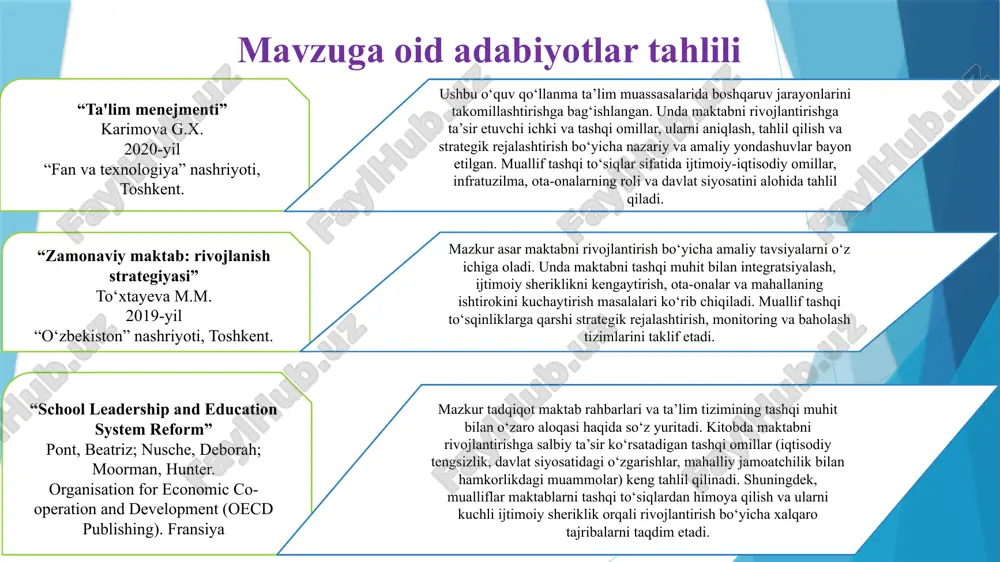 araf etish uchun maktabda budjetdan tashqari pul mablag‘lag‘i topishning yangi usullarini ishlab chiqish va amaliyotga joriy qilish zarur. mavzuning qiyosiy tahlil etilganligi xulosa maktabni rivojlantirishga ta’sir etuvchi tashqi to’siqlarni bartaraf etish bu-nafaqat ta’lim sifatini oshirish, balki kelajak avlod tarbiyasiga bo‘lgan mas’uliyatli yondashuvdir. bugungi kunda maktablar faqat dars beriladigan joy emas, balki jamiyatning ijtimoiy markaziga aylanmoqda. shu sababli maktab faoliyatiga ta’sir etuvchi tashqi omillar, xususan, ota-onalar faolligining yetishmasligi, iqtisodiy muammolar yoki farzandi tarbiyasiga e’tiborsiz ota-onalar o‘z vaqtida aniqlanib, tizimli ravishda hal etilishi zarur. yaponiya, germaniya va buyuk britaniya kabi davlatlar tajribasi shuni ko‘rsatadiki, maktab tashqarisidagi muhit qanchalik sog‘lom va qo‘llab-quvvatlovchi bo‘lsa, ta’lim sifati ham shunchalik barqaror va izchil rivojlanadi. ota-onalar faolligini oshirish. farzandi tarbiyasiga e’tiborsiz ota-onalarni bosqichma-bosqich maktabga jalb qilish. ota-onalar uchun “maktab madaniyati va hamkorlik kurslari”ni tashkil qilish zarur. takliflarim “maktab-mahalla yettiligi hamkorligi”ni kuchaytirish bu loyiha orqali maktab huzurida kichik, doimiy ishlovchi hamkorlik markazi ochiladi. markazda maktab, mahalla yettiligi, ota-onalar …