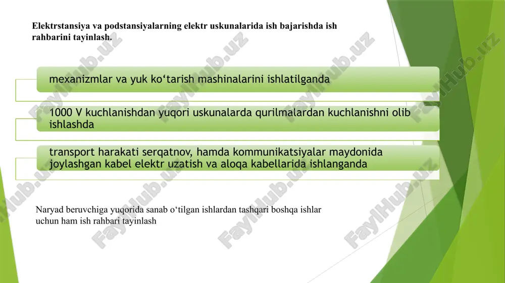 kuchlanishdan yuqori bo‘lgan tok o‘tkazuvchi qismlari bo‘lmagan, ular to‘la to‘silgan yoki ularni to‘sish talab qilinmaydigan balandlikda joylashgan bo‘lsa, xonalardagi ikkilamchi zanjir va uskunalarda iv guruhli ishboshining yakka o‘zi ishlashiga; -yuqoridagi uskunalarda xizmat qiluvchi iv guruhli ishboshi ishlashga ijozat beruvchi xodim vazifasini bajarishiga, bunda ish joyini yetarlicha tayyorlashda ko‘riladigan xavfsizlik choralarini o‘zi aniqlaydi; -ish joyini tayyorlash uchun 1000 v kuchlanishdan yuqori bo‘lgan elektr zanjirlarini o‘chirish, yerga ulash, hamda vaqtinchalik to‘siqlar qo‘yish talab qilinmasa, bunday o‘rindoshlik vazifasini bajarishga yuqorida ko‘rsatilgan uskunalarni ishboshi tomonidan o‘chirishi yoki yoqishiga, hamda ish joyini tayyorlashga va ishlashga ijozat berishga ruxsat bergan xodimning ruxsati bilan o‘chirgichni o‘chirishi yoki yoqishiga tegishli releli himoya va avtomatika uskunalarini sinab ko‘rishga ruxsat etiladi. elektrstansiya va podstansiyalardagi elektr uskunalarida elektr xavfsizligi bo‘yicha iii guruhga ega bo‘lgan o‘zi ishchiga quyidagi ishlarni farmoyish bilan amalga oshirishga ijozat beriladi: -ochiq taqsimlovchi elektr uskunalari hududini obodonlashtirish, o‘to‘lanlardan tozalash, yo‘llar va yo‘lakchalardagi qorni tozalash; -balandligi 2,5 metrdan past …