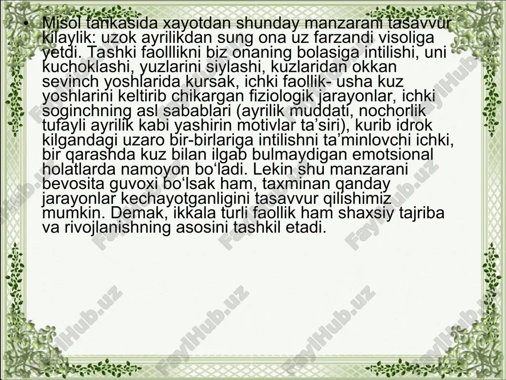 ti va avlodining hayotini saqlash uchun zarur bo‘lgan shart-sharoitlarga bo‘ysunganlikda ifodalanadi. barcha odamlarda ovqatlanish, suv ichish, qarama-qarshi jinsning mavjud bo‘lishi, uxlash, sovuqdan va haddan ziyod issiqdan saqlanish kabilarga tabiiy ehtiyoj bo‘ladi. agar tabiiy ehtiyojlardan qaysi biri ma’lum darajada uzoq vaqt davomida qondirilmasdan qolsa, odam muqarrar ravishda halok bo‘ladi yoki sulolasini davom ettirish imkoniyatidan mahrum bo‘ladi. madaniy ehtiyojlarda odamning aktiv faoliyati insoniyat mada-niyatining mahsuliga bog‘liq ekanligi ifodalanadi tashqi, real harakatdan ichki, timsoliy harakatga bu xildagi o‘tish jarayonini interiorizatsiya (tom ma’noda aytganda, ichki tarzga aylanish) deb ataladi. interiorizatsiya tufayli kishi psixikasi ma’lum bir vaqt ichida e’tiborda bo‘lmagan narsalarning timsolidan foydalanish qobiliyatiga ega bo‘ladi. kishi muayyan daqiqa chegaralaridan tashqariga chiqib «xayolida» o‘tmishga va kelajakka, vaqtga va bo‘shliqqa erkin ko‘chib o‘tadi. psixologiya interiorizatsiyaning qanday yuz berishini barcha jihatlariga qadar to‘liq bilmaydi. lekin shu narsa aniq isbot qilinganki, bunday o‘zgarishning muhim quroli bo‘lib so‘z, o‘zgarish vositasi bo‘lib esa nutqiy faoliyat xizmat qiladi. so‘z buyumlarning muhim …
