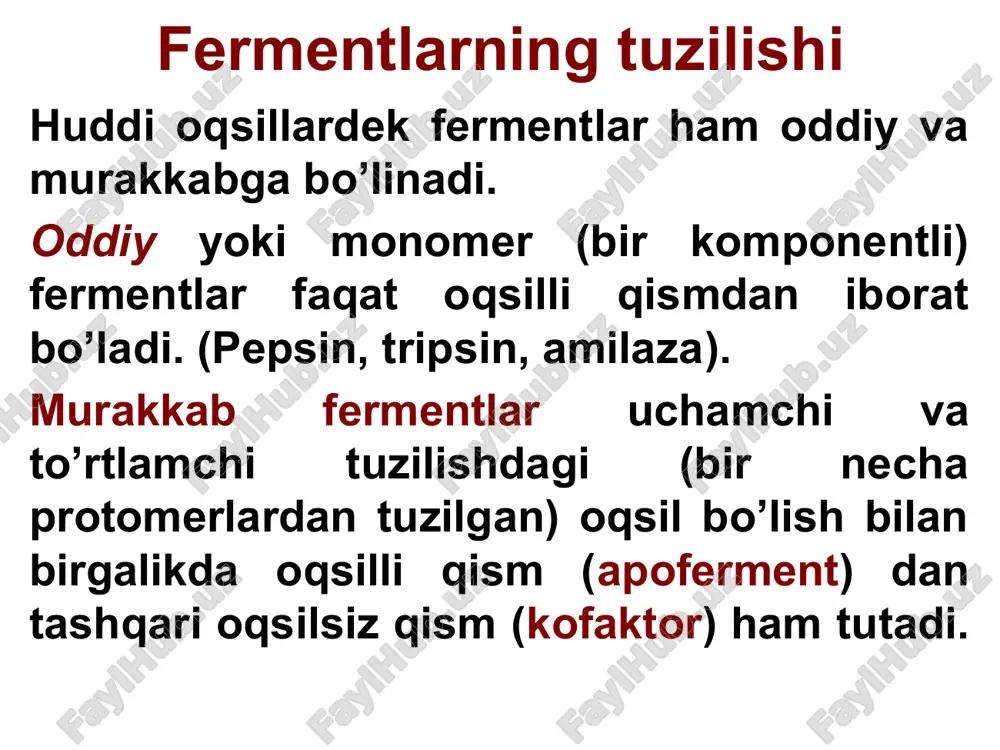 fosfotransferaza yoki kreatinfosfokinaza (kfk) ning esa 3 xil izofermenti bor. kfk1 – 2 ta b subbirlikdan iborat – nerv to’qimasida; kfk2 – 1 ta m va 1 ta b subbirliklaridan tashkil topgan – yurakda; kfk3 – 2 ta m subbirlikdan tashki topgan bo’lib, mushaklarda uchraydi masalan, miokard infarktida ldg1 va kfk2 larning aktivligi qonda oshadi multiferment kompekslar, bir necha fermentlardan iborat bo’lib, bitta jarayonda bir substratni bir necha bosqichda o’zgarishga uchrashini ta’minlaydi. piruvatdegidrogenaza kompleksi – pirouzum kislotasini asetil-koa ga aylantiradi. α-ketoglutaratdegidrogenaza kompeksi (krebs siklida) α-ketoglutaratni suksinil-skoa. palmitat-sintaza kompleksi – yog’ kislotalarini sintezlovchi kompeks fermentlar aktivligining o’lchov biriklari fermentativ reaksiya tezligini susaytiruvchi effektorlar ingibitorlar deb nomladi quidagi 2 turdagi ingibirlanish tafovutlanadi: 1.qaytar ingibirlanish e+j ↔ ej 2. qaytmas ingibirlanish e+j → ej 37 qaytmas ingibirlanishga misollar metallar tutuvchi fermentlar ingibitorlari - hcn, kcn, co, nan3, ular biologik oksidlanish fermentlari tarkibiga kiruvchi fe va su valentligini uzgartiradi, elektronlarni o2 utkazilishini tuxtatadi. fermentlarning …