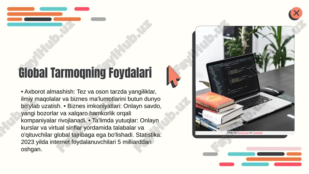 unsplash xulosa • global tarmoq zamonaviy jamiyatda iqtisodiy, ijtimoiy va madaniy taraqqiyotning muhim omilidir. • internet va boshqa global tarmoqlar axborot almashish, biznes uchun yangi imkoniyatlar va ta’limda innovatsion yutuqlarni ta’minlaydi. • tarmoqlarni ulash va ma’lumot almashish texnologiyalari uzluksiz rivojlanib, har doim yangi innovatsion imkoniyatlarni ochmoqda. keling, global tarmoq imkoniyatlaridan samarali foydalanib, taraqqiyotni yangi bosqichga olib chiqaylik! * e'tiboringiz uchun rahmat! designed by slides carnival image1.png image2.png image3.png image6.jpg image7.jpg image8.jpg image9.jpg image5.png