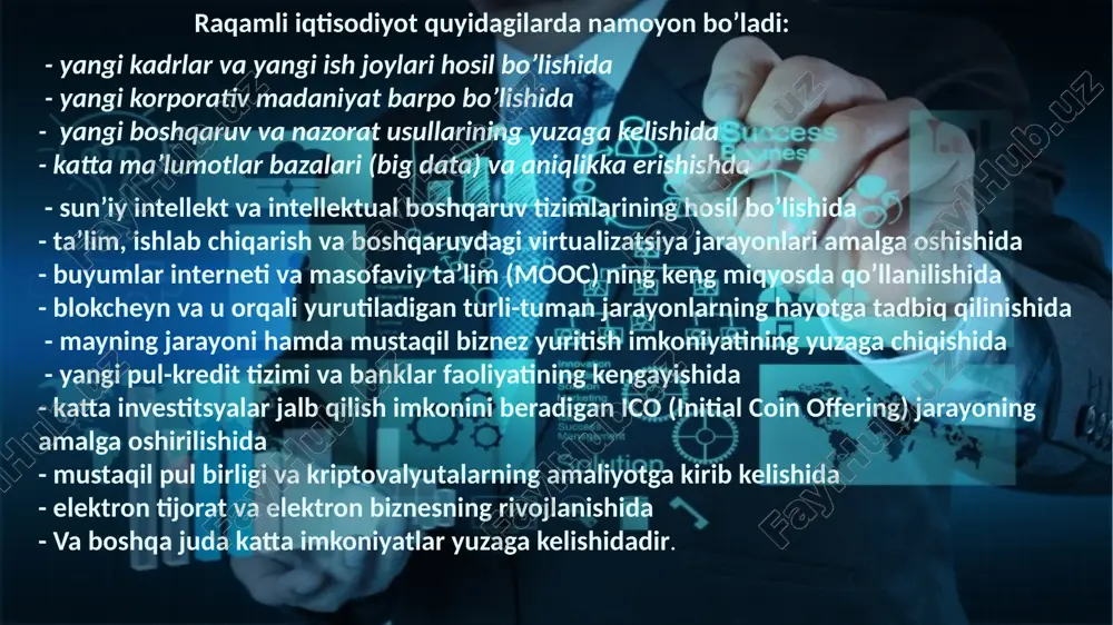 da, raqamli iqtisodiyotning elektron to‘lov tizimlari, kriptovalyutalar va vositachilarsiz kreditlash kabi elementlar bozoridagi ulushning shiddatli o‘sishi bilan bog‘liq bo‘lgan inqilobiy o‘zgarishlar ro‘y bermoqda. birinchi galda, mobil to‘lovlar (2010 yildan 2016 yilgacha har yili qariyb ikki baravar o‘sgan) va bir-birini (peer-to-peer) kreditlash (oxirgi 3 yil ichida aqshda 15 baravar o‘sgan va 2015 yil aylanma $78 mlrd.ga yetgan) hajmining tez o‘sishi kuzatiladi. ma’lumki, an’anaviy faoliyat sohalaridan farqli ravishda, internet-kompaniyalarning bozor bahosi hech qanady moddiy asosga ega emas va kompaniya qanchalik ko‘p ma’lumot to‘plagan bo‘lsa, mahsulot ishlab chiqarish shunchalik arzonlashadi. hozirgi kunda o‘zining ofislari va bankomatlariga ega bo‘lmagan raqamli banklar sonining jadal sur’atlari bilan o‘sishi kuzatilmoqda. raqamli banklarning asosiy konsepsiyalari qatoriga mijozlarga yo‘naltirilganlik, takliflarni shaxsiylashtirish va harakatchanlik kiradi. raqamli banklar zamonaviy kishilar hayot faoliyatining barcha sohalariga, birinchi navbatda, mobil qurilmalar, ijtimoiy tarmoqlar, axborot servislari, elektron tijorat, internet-savdo va h.k.ga kirib borishga intiladi. raqamli bank o‘z mijozlariga raqamli kanallardan foydalangan holda raqamli ko‘rinishda mahsulot …