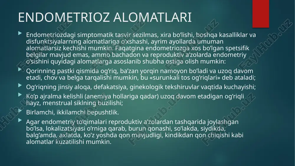 deya noto’g’ri tashxis qo’yish va shunga tegishli davolash choralarini qo’llashga sabab bo’ladi. sistitni davolash choralariga javob qaytarmaydigan ushbu kasallik rivojlanib borishi bilan siydikda qon paydo bo’ladi, og’riq kuchayadi. tashxisini to’g’ri shakllantirishni osonlashtirish uchun, alomatlar va hayz siklining korrelyatsiyasiga e’tibor berish kerak. yakuniy tashxis sistoskopiya usuli yordamida qo’yiladi. endometriozni davolash og’riqni qoldirish endometriozdagi og’riq sindromi bemorlarning hayot sifatini sezilarli darajada pasaytiradi, shuning uchun og’riqni bartaraf etishga yetarlicha e’tibor berish kerak. buning uchun oddiy analgetiklar (paratsetamol) va nyqp ishlatiladi. 2003 yilda platsebo bilan taqqoslaganda algodismenoreyani davolashda nyqpning samaradorligini oshkor etuvchi sistematik tekshiruv o’tkazildi. tadqiqotda qatnashgan ayollarning katta ulushi endometriozga uchraganligi juda muhim. kombinativ oral kontraseptivlarni og’riqli sindromda beradigan nafi borasida juda kam dalillar mavjud, ammo ular hozirgacha qo’llanilmoqda va samarali hisoblanadi. tadqiqot natijalariga asoslanib, progesteron preparatlari samaradorligi endometriozning tasdiqlangan tashxisiga ega bo’lganda qo’llaniladigan boshqa dorilar samaradorligi bilan bir xil. ulardan ushbu kasallikda foydalanish yaxshi tolerantlik va oz sonli nojo’ya ta’sir tufayli mos …