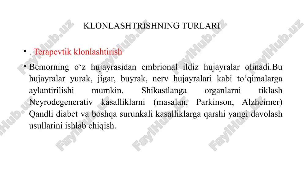 lar ko‘pincha immuniteti past bo‘ladi, bu ularni infeksiyalarga sezuvchan qiladi. yuqori o‘lim darajasi– klonlash muvaffaqiyatsiz bo‘lish ehtimoli katta: ko‘plab klon embrionlari rivojlanish bosqichida nobud bo‘ladi. noto‘g‘ri dnk ko‘chirilishi– dnk to‘liq yoki to‘g‘ri ko‘chirilmasa, klonlash natijasi yaroqsiz bo‘lishi mumkin foydalanilgan adabiyotlar 1.sobirova r.a abrorov o.a biologik kimyo toshkent 2006 – yil 2. sobirova r .a yo’ldosheva .a. m biokimyo toshkent 2021-yil 3. sadlliyeva s.x zokirov q.g’ biokimyo va molekulyar biologiya e’tiboringiz uchun rahmat image1.png image2.png image3.png image4.png image5.png image6.png /docprops/thumbnail.jpeg