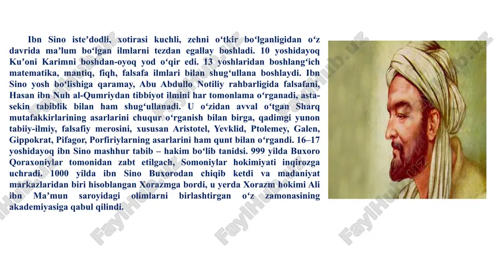 dunyoqarashining shakllanishida qadimgi sharq madaniyati, yunon ilmi, falsafasi, markaziy osiyo xalqlarining mustaqillik uchun olib borgan kurashlari muhim rol oʻynadi. ibn sino tarjimai holida forobiyning “metafizika maqsadlari”, “fusus ul-hikam” kabi muhim risolalarini qunt bilan oʻrganganligi, ulardan keng foydalanganligini taʼkidlab oʻtadi. ibn sino asarlarining umumiy soni 450 dan oshadi, lekin bizgacha faqat 160 ga yaqin asari yetib kelgan, xolos. koʻp risolalari shaharma-shahar koʻchib yurish, feodal urushlari, saroy toʻpolonlari, turli falokatlar tufayli yoʻqolib ketgan. koʻp manbalarda ibn sino avvalo tabib sifatida talqin etiladi, holbuki tabobat uning ilmiy sohalari orasida eng muhimlaridan biridir, xolos. ibn sino asarlarining asosiy qismi yaqin va oʻrta sharqning oʻsha davr ilmiy tili hisoblangan arab tilida, baʼzilari fors tilida yozilgan. uning bizga maʼlum boʻlgan katta asari “kitob ush-shifo” (“shifo kitobi”) 22 jilddan iborat boʻlib, 4 ta katta boʻlimini mantiq, fizika, matematika, metafizikaga doir masalalar egallagan. uning ayrim qismlari lotin tiliga, ovroʻpodagi boshqa tillarga, sharq tillariga, shuningdek, rus, oʻzbek tillariga tarjima …