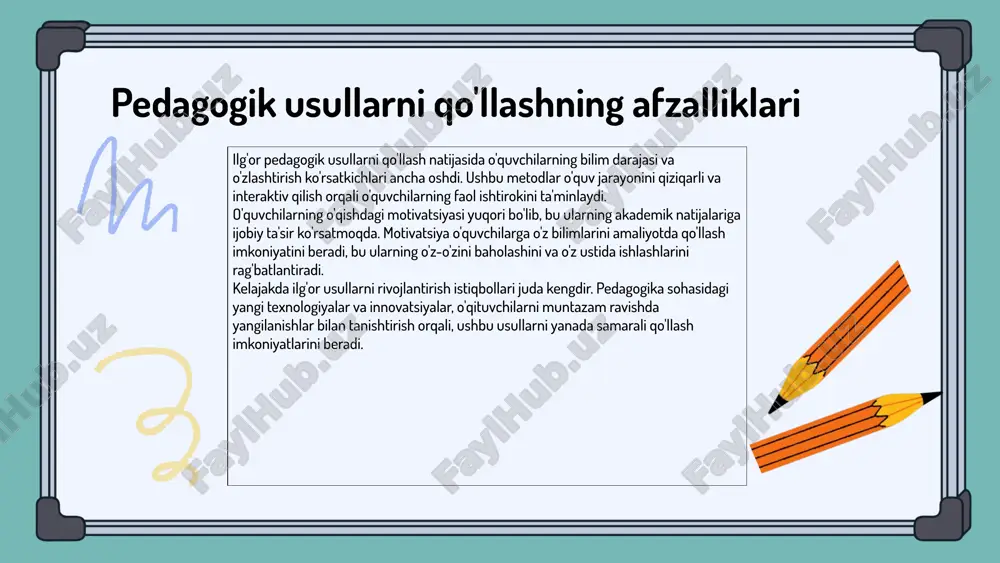 ro baham ko'rish va tahlil qilish**: o'qituvchilar o'zaro tajribalarini baham ko'rish orqali yangi g'oyalar va yondashuvlarni o'rganish imkoniyatiga ega bo'lishadi. - **muammolar va echimlar**: - **o'qituvchilarning tajribalarini baholashning qiyinchiliklari**: ba'zi o'qituvchilar o'z tajribalarini baholashda qiyinchiliklarga duch kelishi mumkin, bu esa ularning o'rganish jarayonini sekinlashtiradi. - **tajribalarni qabul qilish va tatbiq etish jarayonidagi to'siqlar**: o'qituvchilar yangi tajribalarni qabul qilishda va ularni amaliyotda tatbiq etishda to'siqlarga duch kelishi mumkin. - **kelajak va rivojlantirish istiqbollari**: o'qituvchilar o'z tajribalarini yanada samarali tarzda ishlatishlari uchun zamonaviy texnologiyalar va metodologiyalarni qo'llashlari muhimdir. bu, o'qituvchilarning tajribalaridan yanada samarali foydalanishga yordam beradi. xulosa innovativ pedagogik usullar o'quvchilarning motivatsiyasini oshirib, ta'lim natijalarini yaxshilaydi. tajribali o'qituvchilardan olingan misollar innovatsion yondashuvlarning ahamiyatini ko'rsatadi. o'qituvchilarning tajribalaridan foydalanish ta'lim jarayonini rivojlantirish uchun muhimdir. e'tiboringiz uchun rahmat! image1.png image2.png image3.png image4.png image5.png image6.png image7.png image8.png image9.png image10.png image11.png image18.png image19.png image20.png image21.png image22.png image23.png