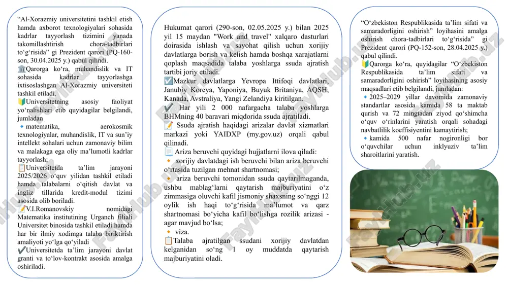kiy nomidagi matematika institutining urganch filiali universitet binosida tashkil etiladi hamda har bir ilmiy xodimga talaba biriktirish amaliyoti yo‘lga qo‘yiladi ✔️universitetda ta’lim jarayoni davlat granti va to‘lov-kontrakt asosida amalga oshiriladi. hukumat qarori (290-son, 02.05.2025 y.) bilan 2025 yil 15 maydan "work and travel" xalqaro dasturlari doirasida ishlash va sayohat qilish uchun xorijiy davlatlarga borish va kelish hamda boshqa xarajatlarni qoplash maqsadida talaba yoshlarga ssuda ajratish tartibi joriy etiladi. ☑️mazkur davlatlarga yevropa ittifoqi davlatlari, janubiy koreya, yaponiya, buyuk britaniya, aqsh, kanada, avstraliya, yangi zelandiya kiritilgan. ✔️ har yili 2 000 nafargacha talaba yoshlarga bhmning 40 baravari miqdorida ssuda ajratiladi. 📝 ssuda ajratish haqidagi arizalar davlat xizmatlari markazi yoki yaidxp (my.gov.uz) orqali qabul qilinadi. 📃 ariza beruvchi quyidagi hujjatlarni ilova qiladi: 🔸 xorijiy davlatdagi ish beruvchi bilan ariza beruvchi o‘rtasida tuzilgan mehnat shartnomasi; 🔸 ariza beruvchi tomonidan ssuda qaytarilmaganda, ushbu mablag‘larni qaytarish majburiyatini o‘z zimmasiga oluvchi kafil jismoniy shaxsning so‘nggi 12 oylik …