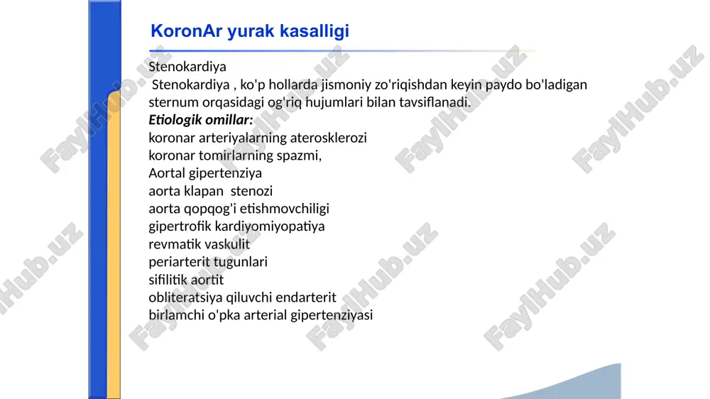 iyasi va kollaterallarning zaif rivojlanishi bilan transmural mi hosil bo'ladi (q tishli yurak infarkt). koronar qon oqimini qisman cheklaydigan parietal tromb va / yoki rivojlangan kollaterallar tarmog'i mavjud bo'lganda, transmural bo'lmagan mi rivojlanadi (q tishsiz yurak infarkt i). miokard infarkti simptomatologiyasi u bilan yurak mushaklaridagi morfologik o'zgarishlar aseptik ishemik nekrozning rivojlanishi bilan bog'liq bo'lib, uning rivojlanishida bir necha bosqichlarni boshdan kechiradi: ishemik (o'tkir davr) - miokard nekrozi paydo bo'lishidan oldin koronar tomir okklyuziyasidan keyingi dastlabki bir necha soat. o'tkir davr-dastlabki 3-5 kun miyokardda periferik yallig'lanish reaktsiyasi bilan nekrobioz jarayonlari ustunlik qiladigan kasalliklar. subakut davr-o'rtacha 5-6 haftagacha davom etadi kasalliklar, bu vaqtda nekroz zonasida bo'shashgan biriktiruvchi to'qima hosil bo'ladi. chandiq davri-5-6 oydan keyin tugaydi kasallik boshlanganidan boshlab to'liq biriktiruvchi to'qima chandig'ini shakllantirish. miokard infarkti simptomatologiyasi klinik ko'rinish variantlari oddiy shakl atipik shakllar: qorin ormasi astmatik shakl aritmik shakl kumush-qon tomir shakli og'riqsiz shakl miokard infarkti simptomatologiyasi klinik boshlanish variantlari: boshlashning og'riqli …