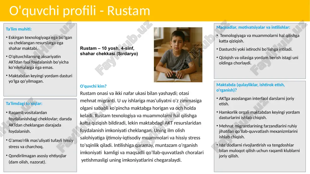 oyihaga asoslangan ta'limning etishmasligi. an'anaviy kutilmalar qizlarning davomli ta'lim olishini cheklashi mumkin. stem sohalarida ayollar rol modellaridan cheklangan holda foydalanish. ta'lim muhiti: darslik asosida o'qitish; tadqiqot yoki stemni o'rganishdagi cheklovlar. an'anaviy sinf normalari; cheklangan darsdan tashqari tadbirlar. jamiyatda qizlar ta’limiga nisbatan konservativ munosabat. malika – 12 yosh, 6-sinf, o‘rtacha hajmdagi shahar (qashqadaryo) membres du groupe : inklyuziv infratuzilma va barcha uchun teng ta’lim olish imkoniyati to‘siqlarsiz va xavfsiz maktab standartlari 1. maktabga olib boruvchi asosiy yo‘l va kirish qismi mavjudligi 2. maktab hududidagi kamida 2m kenglikdagi piyodalar yo‘laklari mavjudligi 3. asosiy kirish qismida kamida 1m kenglikka 1:12 qiyalikdagi qo‘l tutqichlari 0.7m dan 0.9m bo‘lgan pandus mavjudligi 4. kengligi kamida 1.8m to‘siqlarsiz yo‘laklarning mavjudligi (masalan, ustunlar, quvurlar, isitish radiatorlar kabi to‘siqlar) 5. sinf xonaning eshik kengligi kamida 0.9m, eshik ostonasidan o‘tishda balandlik darajasi o‘zgarishsiz bo‘lishi 6. maktab oshxonasida nogironligi bor o‘quvchilar uchun moslashtirilgan balandligi 0.7m dan oshmaydigan qo‘l yuvish moslamalari mavjudligi …