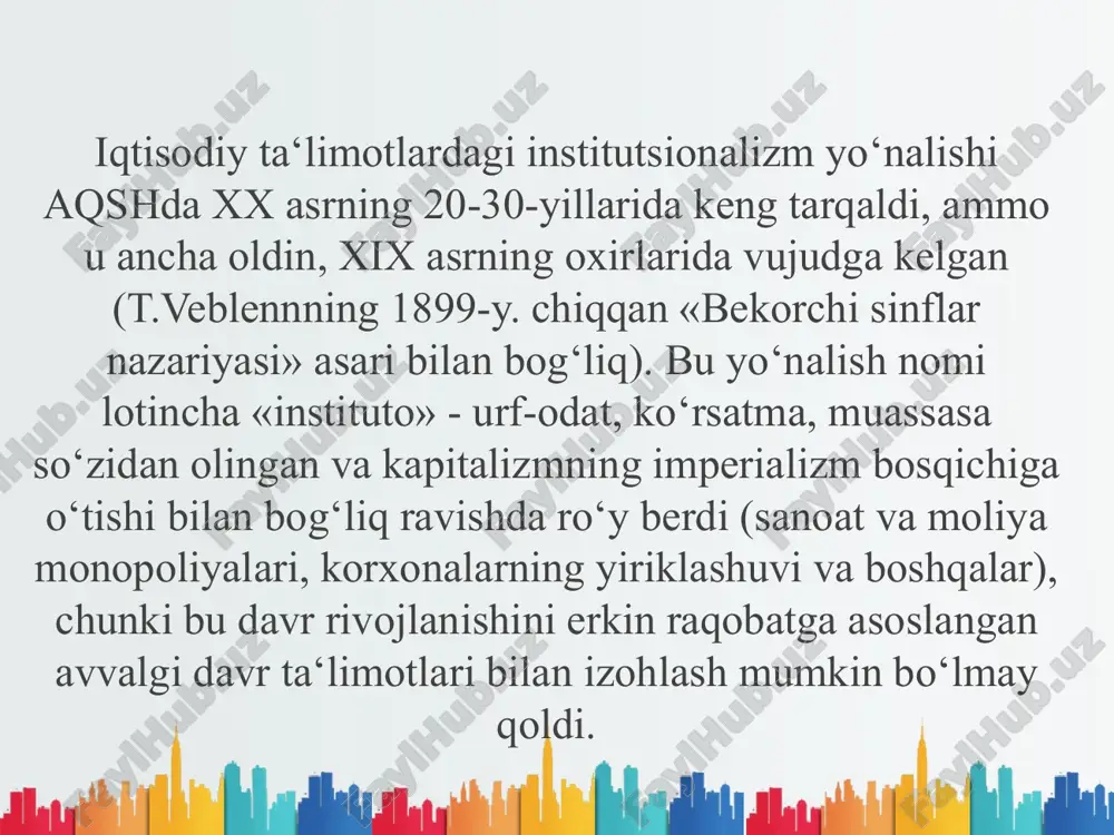 i. jon r.kommons qarashlari t.veblen va j.kommonslarning yuqorida keltirilgan g‘oyalari amalda 1929-1933-yy.dagi iqtisodiy inqiroz davrida aqsh prezidentining «yangi kurs» siyosatida amaliy tasdig‘ini topdi. uesli kler mitchell g‘oyalari u.k.mitshell u.veblenning shogirdi bo‘lib, iqtisodiyotda siklik hodisalarning tadqiqotchisi sifatida mashhur (bu iqtisodiyotda konyunktur-statistik institutsionalizm oqimi hisoblanadi). mitchell ustozi veblendan tadqiqotning genetik uslubini meros qilib oldi, uningcha iqtisodiy hodisalarni belgilovchi omillar bu ijtimoiy psixologiya, an‘ana va urf-odatlardir, shu sababli tadqiqot predmeti sifatida odamlarning jamiyatdagi xulqi o‘rganilishi kerak. shuningdek, ustozning ishlab chiqarish va biznes o‘rtasidagi qarama-qarshilik to‘g‘risidagi fikri ham qabul qilingan, bu ishlab chiqarish va narxlar faoliyati harakatidagi farqlarning sababini ko‘rsatadi. uesli kler mitchell g‘oyalari siklik (davriy) o‘zgarishlar nazariyasiga rus olimi n.d.kondratev (1892-1938) katta hissa qo‘shdi. u jahondagi yetakchi kapitalistik, deb nomlangan mamlakatlar iqtisodiyotining ko‘p yillik (100-150 yil) rivojlanishini tahlil etib, bu o‗zgarishlarning bir yildan kam (fasliy), 3,5 yillik, 7-11 yillik savdo-sanoat va 50-60 yillik katta sikllarini ajratib berdi. u 1929-yildagi «buyuk depressiyani» oldindan (prognoz) …