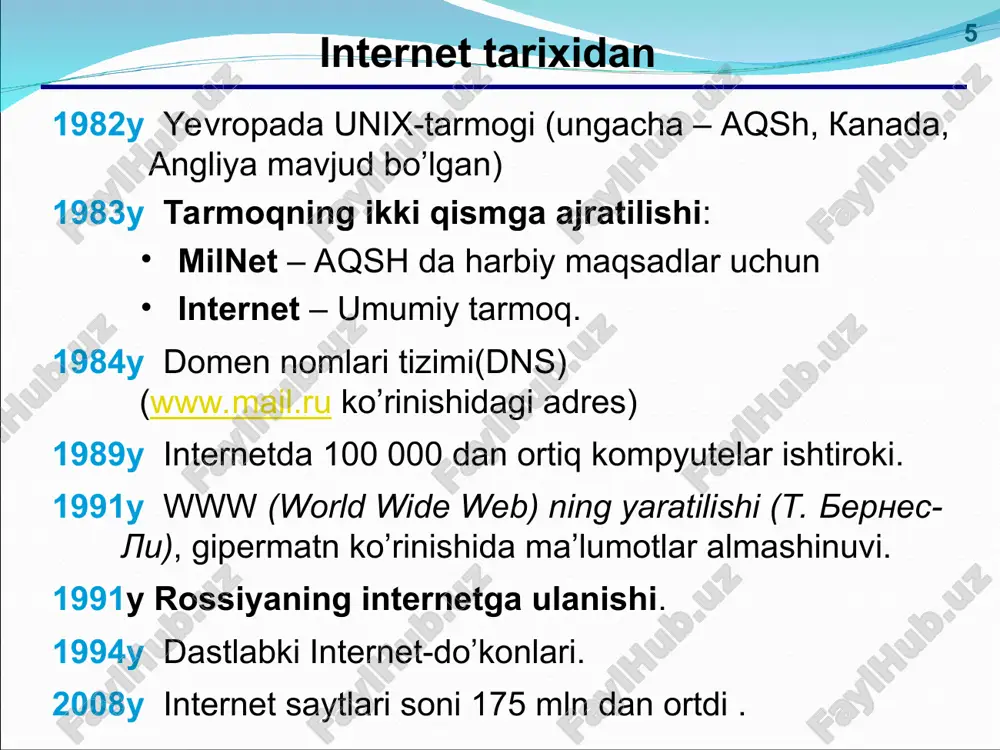 pik (topic) – mihokama mavzusi. topik-strater – boshlovchi tanlagan mavzu. offtopik (off-topic) – mavzudan tashqari fikrlar. * * qidiruv tizimlari indekslar(indeksi) – doimiy imternetning ma’lumotlar omborini to’ldirib turuvchi dastur yoki ishchi. (kataloglar)katalogi – insonlar-ekspert(gid)lar tomonidan qo’lda boyitilib boriladigan ma’luimotlar ombori. ko’plab ko’rsatkichlarning mavjudligi ko’rsatkichlarning mavzuga mos kelmasligi va ularni ko’rsatishning murakkabligi ko’rsatkichlar katalog mundarijasiga mos ko’rsatkichlar soni kam www.google.com, www.yandex.ru, www.rambler.ru www.yahoo.com, www.google.com, list.mail.ru, www.yandex.ru gibridli tizimlar(gibridnie sistemi)– indeks + katalog. * * real vaqtdagi muloqot (online) chatlar (angl. chat – boltovnya) real vaqtdagi matnli ma’lumotlar almashinuvi web-chatlar ( web-sahifalarda): barcha teng huquqli irc-chatlar (internet relay chat, 1988) «so’zlashuv» kanal o’z boshqaruvchilariga ega bo’ladi * * real vaqtdagi muloqot (online) isq (angl. i seek you), «aska», internet-peydjer. registratsiya: www.mirabilis.com, imkoniyatlari: dialog guruhdagi muhokama fayllar almashinuvi ruscha varianti: icq.rambler.ru * * internet-telefon skype (www.skype.com, www.skype.ru) real vaqtdagi so’zlashuv bepul skype – skype qo’ng’iroqlar fayllarni ko’rsatish yakka va guruh da muloqot telekonferensiya …