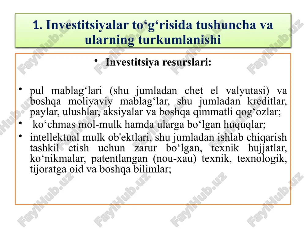 xo‘jalik jamiyatlariga investisiyalar 0640 chet el kapitali mavjud bo‘lgan korxonalarga investisiyalar 0690 boshqa uzoq muddatli investisiyalar 2. investisiyalarni baholash va ular hisobini yuritish korxonaning boshqa korxonalar qimmatli qog‘ozlariga qilingan qisqa muddatli (bir yil muddatdan ko‘p bo‘lmagan) investisiyalari (qo‘yilmalar) davlat qarzlarining foizli obligasiyalari, boshqa korxonalarga berilgan qarzlar va boshqalarning naqdligi va harakati to‘g‘risidagi axborotlarni umumlashtirish quyidagi schyotlarda amalga oshiriladi: 5810 “qimmatli qog‘ozlar”; 5830 “berilgan qisqa muddatli qarzlar”; 5890 “boshqa joriy investisiyalar”. 2. investisiyalarni baholash va ular hisobini yuritish 5810 “qimmatli qog‘ozlar” schyotida aksiyalarga, davlat qarzlarining foizli obligasiyalariga va boshqa qimmatli qog‘ozlariga qo‘yilgan qisqa muddatli investisiyalarning mavjudligi va harakati hisobga olinadi. obligasiya va boshqa qimmatli qog‘ozlar 5810 “qimmatli qog‘ozlar” schyotiga sotib olish qiymatida kirim qilinadi. korxonada aksiya, obligasiya va boshqa qimmatli qog‘ozlarning sotib olinishi 5810 “qimmatli qog‘ozlar” schyotining debetida va pul mablag‘larini hisobga oluvchi schyotlar va agar qimmatli qog‘ozlar uchun to‘lov moddiy yoki boshqa qiymatliklar orqali amalga oshirilsa, moddiy va boshqa qiymatliklarning …