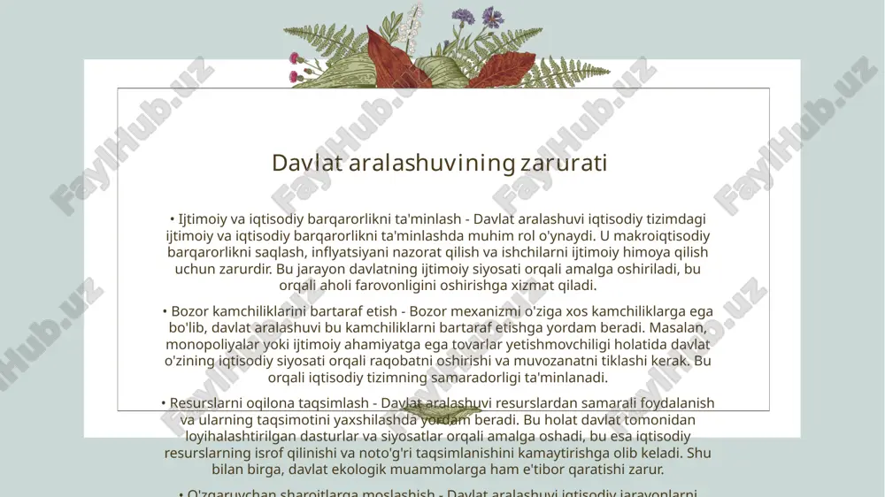 anfaatlar orqali tushuntiradi. neoklassiklar axborot va resurslardan samarali foydalanishni ta'kidlashadi, barcha iqtisodiy subyektlar uchun optimallashtirish muhim hisoblanadi. • klassik va neoklassik nazariyalar o'rtasidagi farqlar - klassik va neoklassik nazariyalar orasidagi asosiy farq ular iqtisodiy jarayonlarni qanday tushuntiradi. klassik nazariya bozor kuchlari va ularni tartibga soluvchi omillarni ta'kidlaydi, neoklassik nazariya esa subyektlarning psixologiyasini va qaror qabul qilish jarayonlarini o'rganadi, bu esa iqtisodiy motivatsiyalar va preferensiyalarga yuklanadi. • nazariyalar jamiyatga ta'siri - klassik va neoklassik nazariyalar iqtisodiy siyosat va davlatning iqtisodiyotga aralashuvi haqidagi fikrlarni shakllantiradi. klassiklar bozor erkinligini qo'llab-quvvatlasa, neoklassiklar davlat aralashuvi, ayniqsa, bozor muvaffaqiyatsizligi holatida zarur deb hisoblaydilar. shu tariqa, har ikkala nazariya ham amaliy iqtisodiyotga ta'sir ko'rsatadi. keynschilik nazariyasi • asosiy tushunchalar - keynschilik nazariyasi iqtisodiy faollikni davlat aralashuvi orqali boshqarishni ta'kidlaydi. ushbu nazariya iqtisodiyotdagi umuman talab darajasini ko'tarish uchun iqtisodiy siyosatlarni qabul qilishni talab qiladi. u, shuningdek, iqtisodiy inqirozlar va ishsizlikka qarshi to'g'ridan-to'g'ri davlat investitsiyalarini ko'rsatadi. • maqsad va …