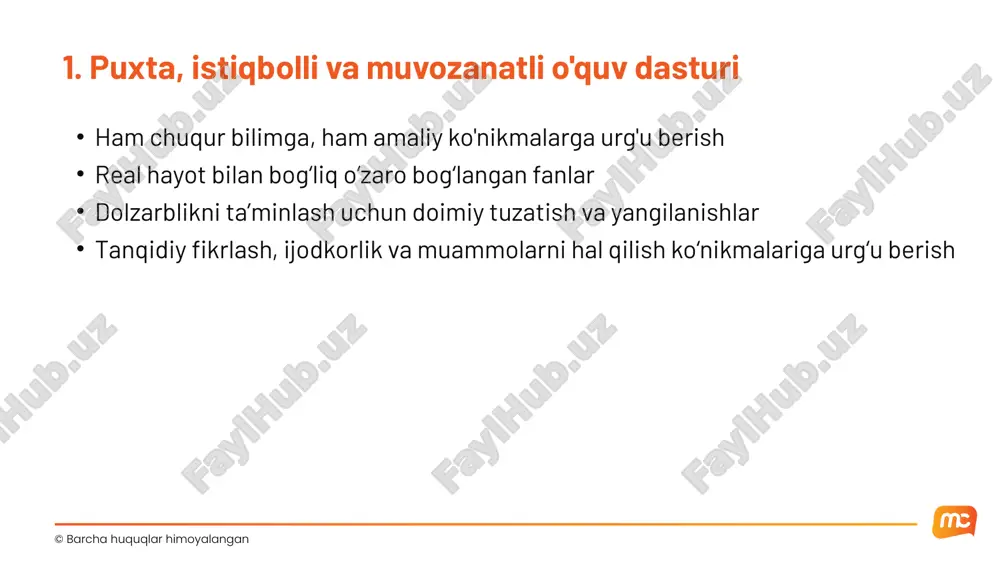 kmalari doirasi ©️ barcha huquqlar himoyalangan o’ziga ishongan inson mustaqil ta’lim oluvchi faol hissa qo'shuvchi jonkuyar fuqaro aloqa, hamkorlik va axborot ko’nikmalar fuqarolik savodxonligi, global ong va madaniyatlararo ko'nikmalar tanqidiy fikrlash va ixtirochilik munosabatlarni boshqarish ijtimoiy xabardorlik o'z-o'zini boshqarish mas'uliyatli qarorlar qabul qilish o'z-o'zini anglash asosiy qadriyatlar 13 singapurning xxi asr ko‘nikmalarining kengaytirilgan doirasi ©️ barcha huquqlar himoyalangan har bir o‘quvchi yaratuvchi, bog’lovchi va xissa qo’shuvchidir xxi asr ko‘nikmalarining kengaytirilgan doirasi va uning ustuvor yo‘nalishlari kelajakdagi murakkabliklar va noma’lumliklarni hisobga olgan holda, 21akda paydo bo'ladigan to'rtta ustuvor yo'nalish bo'yicha o'quvchilarimizning ko‘nikmalari va qobiliyatlarini o'z vaqtida kuchaytirish. moslashuvchan fikrlash o‘zaro bog‘liqlikni ta’minlash va yangi tushunchalarni shakllantirish uchun turli mazmun va vaziyatlarni baholaydi. o'z nuqtai nazari va strategiyasini o'zgartirish orqali murakkablik va noaniqliklarni boshqaradi. fuqarolik savodxonligi qadriyatlar, g‘oyalar va shaxsiy, jamoaviy va milliy ahamiyatga molik masalalarni tushunadi. maktab, jamiyat va millatni yaxshilash uchun faol va konstruktiv rol o'ynaydi. ixtirokor fikrlash imkoniyatlarni kashf …