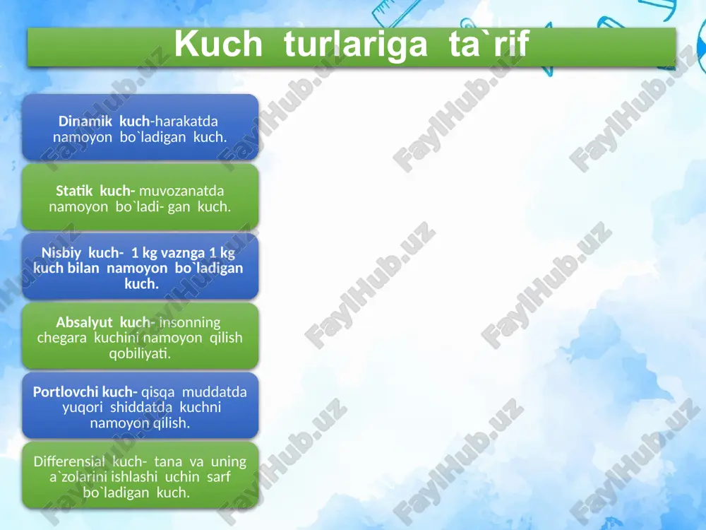 rob va anaerob imkoniyatlarni oshirishga qaratilgan ta`sirlarni birga qo‘shish. nafas olish va chidamlilik maxsus chidamlilikning ba`zi bir turlarini tarbiyalash metodikasining xususiyatlari. yakkama yakka bahslashuv va spot o‘yinlarida chidamlilikni tarbiyalash xususiyatlari. kuchlilik xarakteridagi mashqlarda chidamlilikni tarbiyalash haqida nazariy ma`lumotlarga ega qilish. chidamlilikni tarbiyalash. 11-modul. jismoniy sifatlarni (kuch, tezkorlik, chaqqonlik, egiluvchanlik, chidamlilik) tarbiyalash metodikasi 1-mavzu: kuch qobiliyatini tarbiyalash. kuch qobiliyatlarining rivojlanish darajasini va namoyon bo‘lishini belgilovchi omillar. tezlik-kuch qobiliyatlari. portlash kuchi. kuch qobiliyatlarini rivojlantirish usuliyati. kuch qobiliyatlarini rivojlantirish vositalari. mushaklarni muvofiqlash haqida tushuncha. mushaklarning o‘zaro harakatini belgilovchi omillar. turli mushak guruhlarining kuch qobiliyatini rivojlantirish uchun mashqlar. kuch qobiliyatlarini rivojlantirish usullari. kuch qobiliyati turlari va ularni rivojlantirish usullari. jismoniy (harakat) sifatlar tarixan mavjud bo‘lgan jismoniy tarbiya tizimlariga insonning jismoniy (harakat) sifatlarini tarbiyalay olishiga qarab baho berilgan. insonning organizmida turli darajada shakllangan kuch, tezkorlik, chidamlilik, chaqqonlik, tana bo‘ginlari harakatchanligi va muskullar egiluvchanligini jis-moniy sifatlar deb atash qabul qilingan. inson organiz-mining shu sifatlarini qanday namoyon …