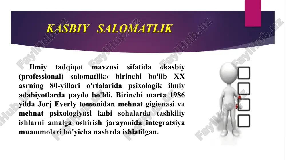 di. 5. o'zingizni yaxshi ko'ring va doimo ruhlantiring. o'zingizni sevish bu – o'‌z tananingni soglom saqlash. sog'liningizga e’tiborli bo'lish, ruhiy soglomlik, o'z qalbingizni va tanangizni toza - pokiza tutishdir. o'zingizni doimo ruhlantiradigan nimanidir izlab toping u kitob uqishmi, raqs yoki qushik kuylashmi, sayr sayoxat qilishmi, biror sport turi bilan shug'ullanishmi? sizga nima motivatsiya bersa vaqti bilan tez-tez vaqt topib shu mashg'ulot bilan shugullaning. bu esa o'z faoliyatingiz jarayonidagi jismoniy aqliy va ruxiy charchoqlaringiz va stresslarni yengishga katta yordam beradi. tavsiyalar 6. eski kerak emas narsalardan qutiling. uyingizdagi barcha kerak emas, eski narsalardan qkutiling, yon atrofingizni va qalbingizni eski xotiralar va eski narsalardan xalos qiling. bunday narsalar hayotingizni yangilanishiga yo'l qo'ymaydi. 7. o'‌z hayotingizni o'‌zingiz qiyinlashtirmang. shunday odamlar borki, ular xar narsaga panika kutarishadi, ular xayot yo'‌llarida, oson yo'‌lni o'‌rniga qiyin yo'‌lni tanlashadi. biz o'‌z hayotimizni o'‌zimiz qiyinlashtiramiz «sog'lom organizm» muvozanatni saqlab turadi. tavsiyalar 8. yangiliklarni o'rganishga harakat qiling, izlaning, o'qing. …