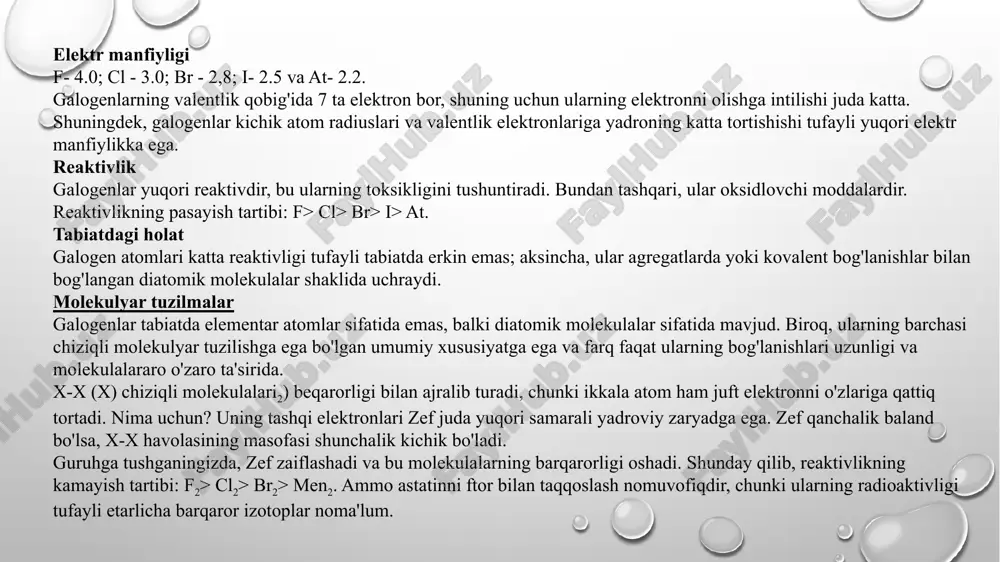 nlarga bog'laydigan halogen atomlari ularni ko'proq lipofil qiladi. bu dori-darmonlarni hujayra membranalarini osonlikcha kesib o'tish, uni tashkil etuvchi lipidlarda eritish imkonini beradi. -xlor markaziy asab tizimining neyronlariga gaba nörotransmitteri retseptorlari bilan bog'langan ion kanallari orqali tarqaladi va shu bilan sedativ effekt hosil qiladi. bu bir nechta anksiyolitiklarning ta'sir qilish mexanizmi. -hcl oshqozonda mavjud bo'lib, u oziq-ovqat mahsulotlarini qayta ishlashga yordam beradigan kamaytiruvchi muhit yaratib aralashadi. bundan tashqari, hcl proteinlar gidrolizini boshlaydigan ferment bo'lgan pepsinni faollashtiradi, bu protein moddasining ichakka singib ketishidan oldingi bosqich. boshqalar -gidroklorik kislota (hcl) hammomlarni tozalashda, o'quv va ilmiy laboratoriyalarda va ko'plab sohalarda qo'llaniladi. -pvc (polivinilxlorid) - bu kiyim-kechak, pol plitkalari, elektr kabellari, egiluvchan quvurlar, quvurlar, shishiriladigan inshootlar va tom plitkalarida ishlatiladigan vinil xlorid polimer. bundan tashqari, xlor boshqa plastik materiallarni ishlab chiqarishda oraliq vosita sifatida ishlatiladi. -xlor bromni ajratib olishda ishlatiladi. -metilxlorid behushlik funktsiyasini bajaradi. bundan tashqari, u ma'lum silikon polimerlarni ishlab chiqarishda va yog'lar, yog'lar …