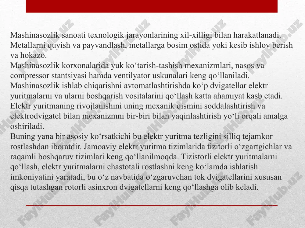 relesini kontaktlari yuklash mexanizmining nazorat *qiluvchi o`rgani zanjiriga ulangan bo`lishi kerak ; *magnit ishga tushirgich va ko`ntaktlarni uzuvchi kontaktlari *zahirani ishga tushirish zanjiriga ulangan bo`lishi lozim ; *magnit ishga tushirgich ,relelarning g`altagini bitta klemmasi neytlar (o) sigma ulangan bo`lishi kerak ,bu boshqarish zanjirining birorta simini erga qisqa tutashuv hodisasini oldini oladi ; sxemada no‘l himoyasi bo‘lishi kerak, bu kuchlanish yo‘qolib, yana qayta paydo bo‘lganda dvigatellarni o‘z-o‘zidan yurib ketishini oldini oladi; boshqaruv sxemasi qisqa tutashuvlardan himoyalangan bo‘lishi shart; dastgohning boshqarish sxemasini tuzishda yuqoridagi talablar inobatga olinishi shart. dastgohning bosh xarakati qisqa tutashtirilgan rotorli asinxron dvigatel yordamida amalga oshiriladi, dvigatelni quvvati 10,2 kvt, aylanish tezligi 1450/2880 ob/min. parmalash golovkasining tezligini 12,5 dan 1600 ob/min gacha skorostlar ko‘ro‘bkasi yordamida o‘zgartirish mumkin. dastgohning bosh yuritmaini boshqarish sxemasi yordamida quyidagilarga erishish mumkin: *parmalash golovkasi ikkala yo‘nalish bo‘yicha xarakatlantirish mumkin; *dastgohni ishchi va sozlovchi rejimda ishlatish mumkin; *parmalash golovkasi va moylash yurimalarini bir vaqtda ishga tushirish …