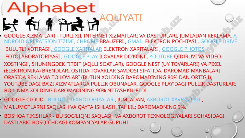 fevral, 2023 yil alphabet 2022 yil to'rtinchi chorak va moliyaviy yil natijalarini e'lon qildi 2023 yil 11 yanvar alphabet 2022 yil iv choragining moliyaviy natijalari bo‘yicha konferensiya qo‘ng‘irog‘i sanasini e’lon qildi 2024-yil bo`yicha oxirgi yangiliklar 2024 yil 10 aprel alphabet 2024 yilning birinchi choragining moliyaviy natijalari bo‘yicha konferensiya sanasini e’lon qildi 2024 yil 8 fevral alphabet aktsiyadorlarga trc capital investment corporation tomonidan bozordan past bo'lgan mini-tender taklifini rad etishni tavsiya qiladi 2024 yil 8 fevral morgan stanley texnologiya, media va telekom konferentsiyasida taqdim etiladigan alifbo 2024 yil 30 yanvar alphabet 2023-yilning to‘rtinchi choragi va moliyaviy yil natijalarini e’lon qildi 2024 yil 11 yanvar alphabet 2023 yil iv choragining moliyaviy natijalari bo'yicha konferentsiya qo'ng'irog'ini e'lon qildi 2016-yilning 1-fevralida alphabet bozor kapitallashuvi bo‘yicha ortda qoldirib, dunyodagi eng yirik kompaniyaga aylandi . biroq, oradan ikki kun o'tib kompaniyaning qiymati yana apple tomonidan yo'qotildi. 15-may kuni alphabet yana bozor kapitallashuvi bo‘yicha dunyodagi eng yirik …