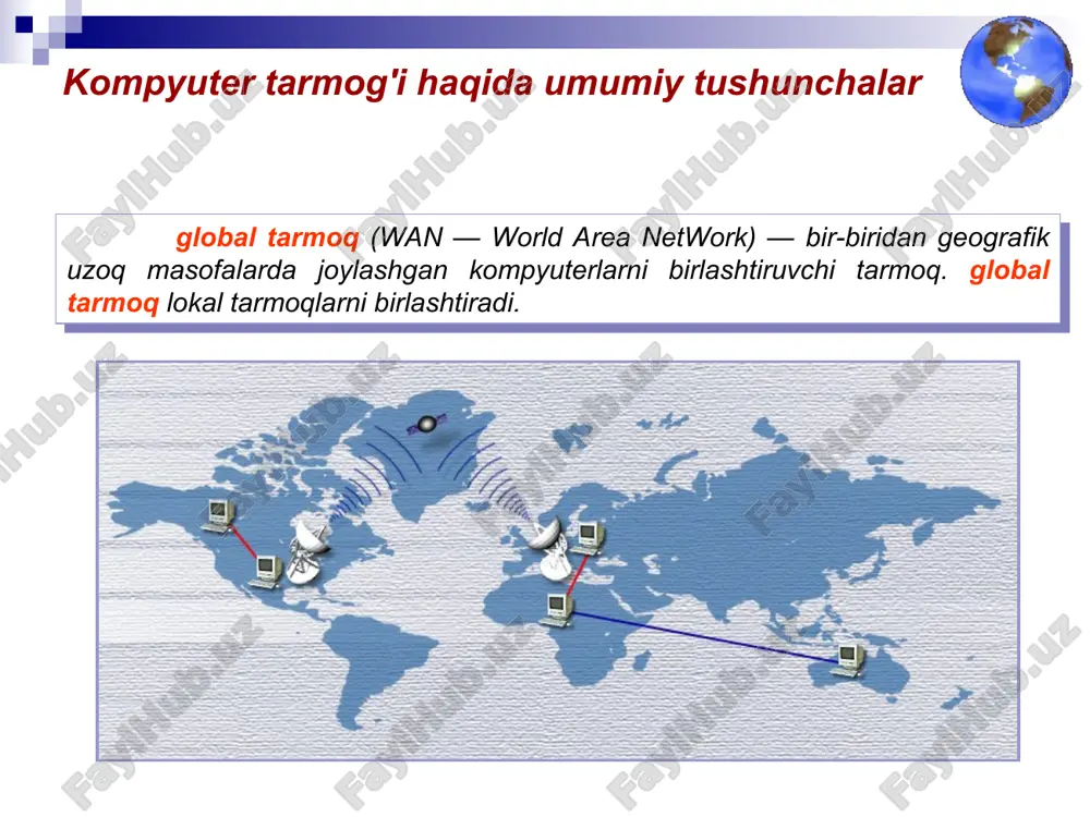 hlashiga ta'sir etadi; murakkab konfiguratsiya va nastroyka; nosozliklarni qidirishning murakkabligi. tarmoq topologiyasi * yulduz — kompyuter tarmog'ining asosiy topologiyasi, unda barcha kompyuterlar markaziy tugunga (odatda tarmoq kontsentratori) ulangan. ular tarmoq segmentini tashkil etadi. afzalliklari bitta ish stantsiyasining ishdan chiqishi tarmoqning ishlashiga ta'sir etmaydi; tarmoqning yaxshi masshtablashtirilganligi; tarmoqdagi nosozliklarni oson qidirish; tarmoqning yuqori unumdorligi (agar to'g'ri loyiha qilingan bo'lsa); qulay administrlashtirish imkoniyatlari. kamchiliklari markaziy kontsentratorning ishdan chiqishi butun tarmoqning (yoki segmentning) ishdan chiqishiga olib keladi; tarmoqni montaj qilishda boshqa topologiyalarga qaraganda ko'proq kabel ketadi; tarmoqdagi (yoki segmentdagi) ishchi stantsiyalar soni markaziy kontsentratordagi portlar soni bilan chegaralangan. tarmoq topologiyasi * shina topologiyasi umumiy kabeldan iborat bo'lib (shina yoki magistral deb ataladigan), unga barcha ishchi stantsiyalar ulanadi. afzalliklari tarmoqni o'rnatishga kam vaqt ketadi; arzon (kam kabel va qurilmalar ketadi); oson nastroyka qilish; ishchi stantsiyasining ishdan chiqishi tarmoqning ishlashiga ta'sir etmaydi. kamchiliklari tarmoqdagi har qanday nosozliklar (kabelning uzilishi, terminatorning ishdan chiqishi) tarmoqning ishdan chiqishiga …