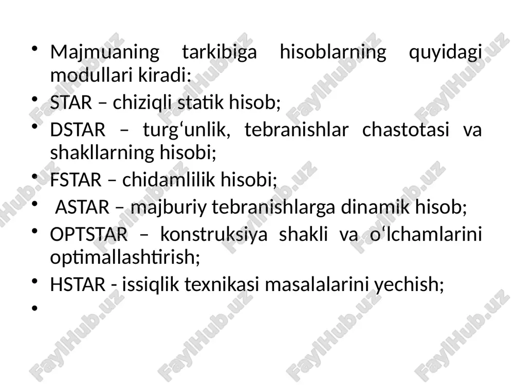 asosiy hisoblashlarni bajaruvchi quyidagi protsessor va modullar jamlamasidan tashkil topgan: chiziqli protsessor chiziqli deformatsiyalangan konstruksiyalarni statik va dinamik ta’sirlarga hisoblaydi. ko‘chishlardagi chekli elementlar usuli (cheu) joriy qilingan. chekli elementlar bibliotekasining 50 dan ortiq turlari mavjud: ixtiyoriy kesim yuzali sterjen elementlari, shu jumladan elastik zamin elementlari, uchburchakli, to‘g‘ri burchakli va to‘rtburchakli plastinka elementlari (balka-devor, qobiq, plita, shu jumladan elastik zaminda); tetraedr ko‘rinishidagi uch o‘lchovli elementlar, parallelepiped, uchburchakli va to‘rtburchakli prizmalar, to‘g‘ri bo‘lmagan qavariq olti va sakkiz burchakli, maxsus elementlar – chekli bikr bog‘lanishli, tugun beriluvchanligi, grunt zaminli chegaralangan elementlar va h. k. chiziqsiz qadamli protsessor. fizikaviy chiziqsiz sterjen sistemalari, plitalar va qobiqlarni, hamda chiziqsiz geometrik sistemalarni, shu jumladan boshidan geometrik o‘zgaruvchan bo‘lgan sistemalarning (vantalar, vanta fermalari, tentlar, membranalar) hisobini bajaradi. bunda tengdosh fermalarni topishda qadamni tanlash avtomatik ravishda amalga oshiriladi. boshqa holatlarda esa qadamning kattaligi foydalanuvchi tomonidan tayinlanishi mumkin. fizikaviy chiziqsiz sistemalar uchun kuchlanishlar va deformatsiyalar orasidagi bog‘liqlik foydalanuvchi tomonidan beriladi …
