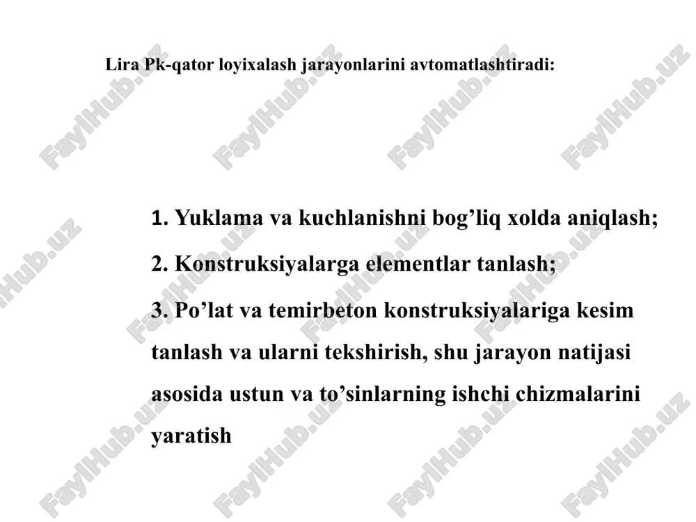 ladi. nagruzka bu menyuda yuk turlarini va ularning qiymatlarini kiritish hamda ularning qo‘yiladigan tugun va zonalarini ko‘rsatish imkoniyatini beruvchi buyruqlar joylashtirilgan . bu menyuning dastlabki buyrug‘i bilan joriy yuklanishning tartib raqami kiritiladi. kopirovat tekusheye zagrujeniye (joriy yuklanishni nusxalash ) buyrug‘i hisob sxemasining barcha elementlari o‘zlarining xususiy og‘irliklaridan hosil bo‘ladigan yuklardan avtomatik ravishda yuklanishini ta’minlab beradi. udalit sobstvenniy ves (xususiy og‘irlikni o‘chirish) buyrug‘i oldingiga teskari bo‘lgan operatsiyani amalga oshiradi. yuklar menyu bandi. raschetniye sochetaniya usiliy (rsu) (hisobiy zo‘riqishlar jamlamasi) buyrug‘i hisobiy zo‘riqishlar jamlamasi jadvallarini hamda hjz hisobiy guruhlarini shakllantiruvchi va to‘g‘rilovchi buyruqlarini o‘zida jamlagan menyuni ekranga chiqaradi. dinamika buyrug‘i dinamik ta’sirlarga hisoblashni tashkil qilish imkoniyatini yaratib beruvchi jarayonlarga ega bo‘lgan menyuni chiqaradi. ustoychivost (ustuvorlik) buyrug‘i sxemaning umumiy ustuvorlikka hisoblanishini bajarish haqidagi ma’lumotlarni kiritishga mo‘ljallangan muloqot oynasini chaqiradi. modelirovaniye nelineynix zagrujeniy (chiziqli yuklanishlarni modellashtirish) buyrug‘i qadamli protsessorning tashkil qilinishini belgilovchi ko‘rsatkichlar: yuklanishlar raqami yoki yuklanishlar kombinatsiyasi, qadam usulining modifikatsiyalari kiritiladigan muloqot oynasini …