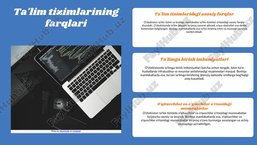 damida o'quvchilar o'z fikrlarini erkin ifoda etishga, muammolarni yechishga va jamoada ishlashga o'rganmoqda. shuningdek, yangi texnologiyalar va onlayn ta'lim platformalarining joriy etilishi, masofaviy o'qish imkoniyatlarini kengaytiradi. bu innovatsiyalar ta'lim tizimining global standartlarga mos kelishini ta'minlaydi va talabalarni xalqaro miqyosda raqobatbardosh qilib tayyorlaydi. ta'lim tizimlarining ta'siri ta'lim tizimlarining ijtimoiy ta'siri ta'lim tizimlari jamiyatda muhim ijtimoiy o'zgarishlarni keltirib chiqaradi. ular ijtimoiy tenglikni ta'minlash, jamoa rivojlanishiga hissa qo'shish va yoshlarni faol fuqarolar sifatida tarbiyalashda katta rol o'ynaydi. ta'lim orqali insonlar o'z imkoniyatlarini kengaytirish va jamiyatda o'z o'rnini topish imkoniyatiga ega bo'lishadi. ta'lim tizimlari va iqtisodiy o'sish ta'lim tizimlari iqtisodiy o'sishga bevosita ta'sir etadi, chunki malakali ishchi kuchi iqtisodiy rivojlanishning asosiy omillaridan biridir. o'qitilgan insonlar innovatsiyalarni yaratish va ishlab chiqarish jarayonlarini yaxshilashga yordam beradi, bu esa iqtisodiy raqobatbardoshlikni oshiradi. statistik ma'lumotlarga ko'ra, ta'lim darajasi yuqori bo'lgan mamlakatlar iqtisodiy o'sishni tezroq amalga oshiradi. ta'lim tizimlarining kelajakdagi roli kelajakda ta'lim tizimlari texnologik taraqqiyot va globalizatsiya ta'sirida …
