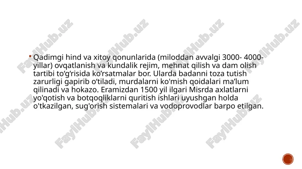 arning kashfiyotlari gigiyenani ilmiy asoslab, kasalliklarning oldini olishda muhim rol o‘ynadi. xulosa tibbiyot xodimlarining asosiy vazifasi odamlarni davolash ekanligi hammaga ma’lum. ammo tibbiyot xodimlari odamlarni davolash bilan birga kasallikning kelib chiqish sabablarini, ana shu sabablarni bartaraf etish chora-tadbirlarini ham bilishlari kerak. bunday bilimni ular gigiyena fani orqali egallaydilar. adabiyotlar oʻzme. birinchi jild. toshkent, 2000. mahmudova n. m., ijtimoiy gigiyenadan qoʻllanma, toshkent, 1993. otaboyev sh. t., iskanderov t. i., kommunal gigiyena, toshkent, 1993 basic principles in occupational hygiene october, 2010. hand book of hygiene control in the food industry editedbyh. l. m. lelieveld, m. a. mostert and j. holah., 2005 water analysis hand book 4th edition revision 3, 2005 g.i.rumyansev. uchebnik “gigiena” geotar-media m. 2011.- 576 b. environmental health dade w. moeller third edition harvard university press cambridge, massachusetts london, england, 2005 issues in environment, health, and pollution, usa. 2011 image4.png image3.png image5.png image6.png image7.png image8.png image9.png image2.png /docprops/thumbnail.jpeg
