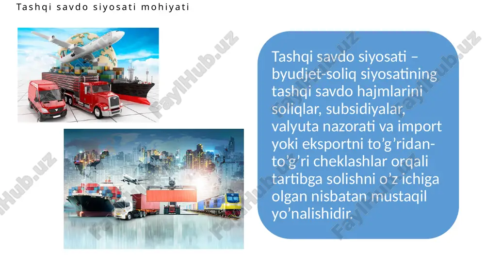 ari qiymatida qayd etilib, oʻtgan yilning shu oyiga nisbatan 673,5 mln. aqsh dollariga kamaydi. hududlar kesimida respublika eksporti tarkibida eng yuqori ulushni toshkent shahri 19,5% ulush bilan 2 954,7 mln. aqsh dollarini tashkil etdi. respublika eksporti tarkibida eng quyi ulushni jizzax viloyati 0,8% ulush bilan 124,1 mln. aqsh dollarini tashkil etdi. 2020 2019 2020- yilning yanvar-dekabr oylarida import hajmi 21 171,5 mln. aqsh dollarini va 2019- yilga nisbatan 87,2% ni tashkil etdi. import tarkibida eng katta ulush, mashinalar va transport asbob-uskunalari (37,6%), sanoat tovarlari (16,9%) hamda kimyoviy vositalar va boshqa toifalarga kiritilmagan shunga oʻxshash mahsulotlar (13,7%) hisobiga toʻgʻri keldi. — biror molni mamlakatga sotish uchun olib kirish. import mamlakati, deganda import qilinayotgan mol ishlab chiqarilgan mamlakat tushuniladi. 2019- yilga nisbatan 12,8% kamaygan tovarlar importi dinamikasi tahliliga koʻra, 2020- yilning yanvar-dekabrida import qilingan tovarlar hajmi, oʻtgan yilning mos davriga nisbatan 1 911,3 mln. aqsh dollariga kamaydi va 19 955,1 mln. aqsh …