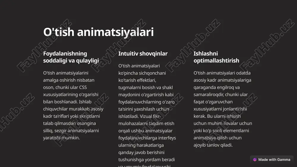arining asosiy kontseptsiyalarida, jumladan, vaqtni belgilash, o'zgartirishlar va kalit kadrlarni yaratishda mustahkam poydevor yaratishda davom eting. turli texnikalar bilan tajriba o'tkazing va ularni qanday qilib murakkab va dinamik effektlarni yaratish uchun birlashtirish mumkinligini o'rganing. ilg'or texnikalarni o'rganish fizikaga asoslangan animatsiyalar, svg animatsiyalari va css animatsiyalarini javascript bilan integratsiyalash kabi ilg‘or animatsiya usullariga chuqurroq kirib boring. ushbu yanada murakkab yondashuvlar ijodiy ifoda va interaktivlikning butunlay yangi darajasini ochishi mumkin. yangilanish css animatsiyalari dunyosidagi so'nggi ishlanmalarni kuzatib boring, chunki brauzerni qo'llab-quvvatlash va yangi xususiyatlar doimo rivojlanib bormoqda. sizning ko'nikmalaringiz va bilimlaringiz zamonaviy bo'lib qolishiga ishonch hosil qilish uchun sanoat bloglari, ijtimoiy media va doimiy ta'lim orqali xabardor bo'ling. 9 e’tiboringiz uchun raxmat 10 image1.png image2.png image3.png image4.png image5.png image6.png image7.png image8.png image9.png image10.png image11.png image12.png