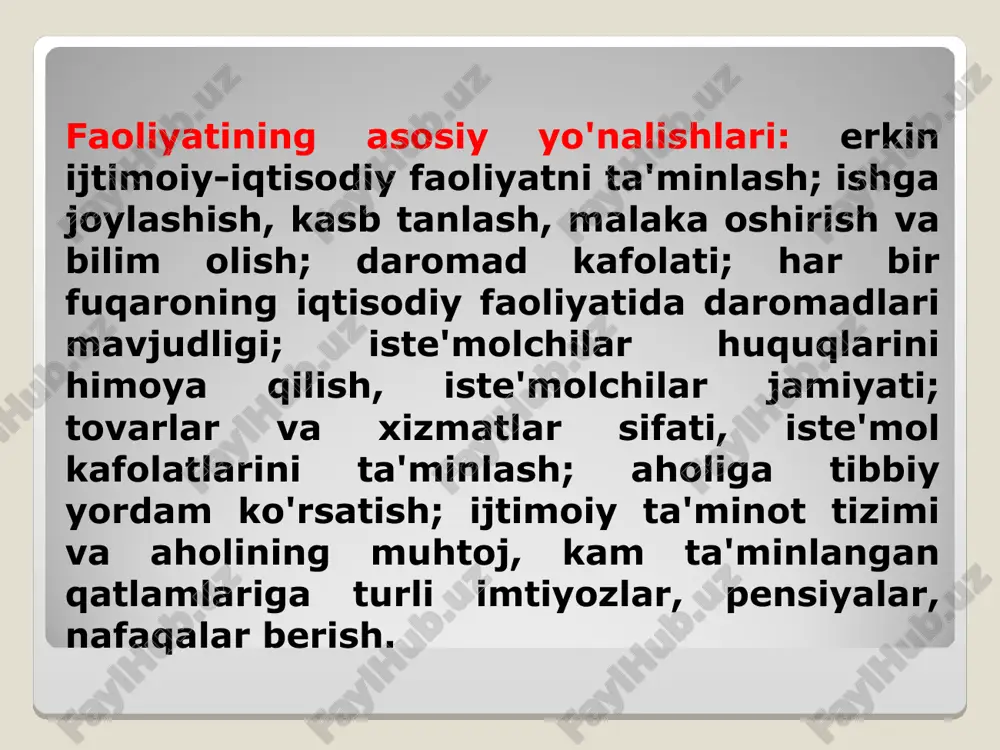 faxrlanish tuyg‘ularini qaror toptirishga xizmat qiladi. 9. tibbiy yordam takomillashtirilmoqda. qishloq vrachlik punktlari negizida 800 ga yaqin oilaviy poliklinika, 400 dan ortiq vrachlik punkti tashkil etildi. tez tibbiy yordam xizmatlariga 1260 dona maxsus avtomashinalar topshirildi. 10. mehnat migratsiyasini qonuniylashtirish. davlatimiz rahbarining 23 maydagi qarori bilan mehnat vazirligi bandlik va mehnat munosabatlari vazirligiga aylantirildi. shu bilan birga, vazirlik huzurida o‘zbekiston respublikasi fuqarolarining xorijdagi mehnat faoliyatini takomillashtirish, tashkil etish va noqonuniy mehnat migratsiyasining oldini olish maqsadida 2003-yilda tashkil etilgan tashqi mehnat migratsiyasi masalalari agentligi joylashgan. 11. pasport tizimidagi o'zgarishlar. yashash uchun ruxsatnomasi bo'lgan shaxslarga fuqarolik berila boshlandi. 2016-yil dekabr oyidan o‘zbekiston respublikasida propiskaga ega bo‘lgan shaxslarni fuqarolikka qabul qilish boshlandi. 1994-yil 24-avgustda prezidentning “kam ta’minlangan oilalarni ijtimoiy himoya qilishni kuchaytirishga oid tadbirlar to‘g‘risida”gi farmoni qabul qilindi. shu farmonga ko‘ra 1994-yil oktabridan davlat kam daromadli oilalarga ѐrdam bera boshladi. jumladan, 1995-yil 500.000 dan ortiq ehtiyojmand oilalarga mahalla komitetlari orqali jami 6 mlrd. so‘m …