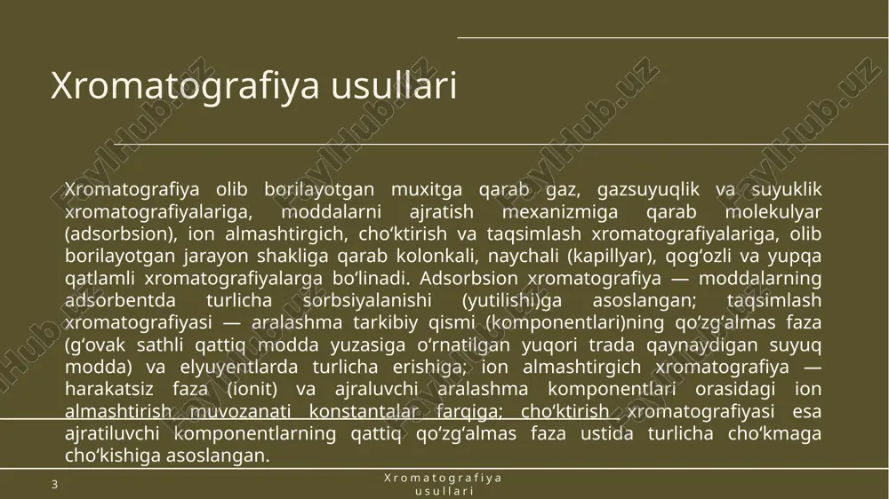 almashtirgichlarda ion almashinuvchi proton (n+) elektrolit kationiga, anion almashinuvchilarda esa ion almashinuvchi guruhi (on-) elektrolitlar anioniga almashtiriladi. 16 zagolovok prezentatsii 20gg 2. aralashmada bo'linish xromatografiyasi. tarqatish koeffitsientlari farqiga ko'ra a va v moddalarni ikki xil fazaga ajratishga asoslanadi.taqsimot koeffitsientiga ko'ra a moddaning harakatchan fazaga moyilligi 9 marta, b moddaning moyilligi statsionar faza 10 barobar ko'p. a moddasi mobil fazaga kiradi va tezroq harakat qiladi, b moddasi esa past taqsimot koeffitsienti tufayli statsionar fazada qoladi. 17 zagolovok prezentatsii 20gg etiboringiz uchun rahmat 20gg image1.jpeg image2.jpeg image3.png image4.png image5.png image6.jpeg thin layer chromatography