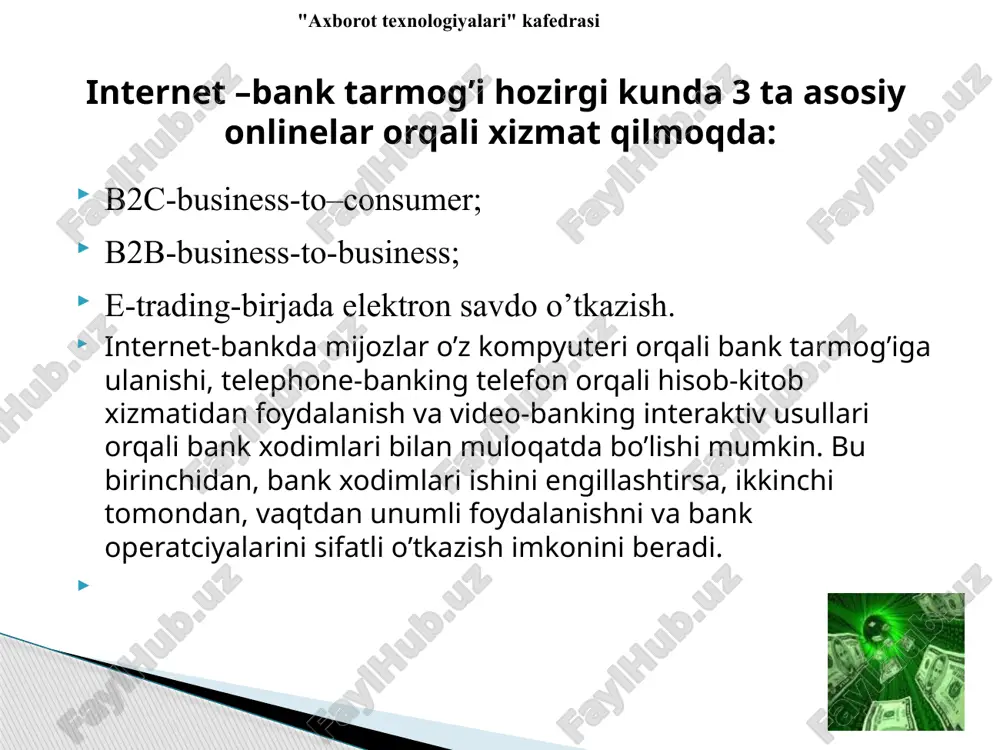 tal tv, platinium connect, cron telecom, ars inform, comnet kabi yirik tashkiltolar bilan xamkorlikni yo’lga qo’ygan. bu sayt orqali web-money tizimiga pul tushirish imkoniyati bor. bugunga qadar comfy.uz, pozdrav.uz, nav.uz, inmarket.uz, nazakaz.uz, tabaka.uz, matras.uz kabi internet magazinlariga to’lovlarni to’lash imkoniyati bor. websumni o’z saytingizga o’rnatish uchun sizga maxsus merchant kerak bo’ladi. uni sicriptini saytdan (www.websum.uz/index.php?mng=pages&type=merchant&lang=rus) ko’chirib olishingiz mumkin. ko’chirib olingan scriptni mahsus joyidagi (scriptda kommentariya bilan yozilgan) parametrlarga o’zingiznikini o’rnatib qo’yasiz. qolgan barcha ma`lumotlarni tizim saytidan topishingiz mumkin. "axborot texnologiyalari" kafedrasi sms to’lov – sms to’lovni asosiy ishlash prinspi bu avvalo ushbu tizimdan ro’yxatdan o’tasiz, ro’yxatdan o’tishda sizning biror bankdagi hisob raqamingiz (masalan har oy maoshingiz tushadigan plastic kartangiz hisob raqami) tizimga ulanadi va siznin mobil telefoningizga mahsus dastur o’rnatib beriladi. bu dasturga kirish uchun sizga login va parol va electron raqamli imzo beriladi. to’lovni amalga oshirish uchun telefoningizdan dasturni yoqasiz, unga pin kod (5555) ni terasiz, so’ng login parol …