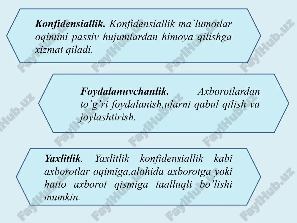 kirish taqiqlanadi.vpn alohida ulanishlar, virtual tunnel protokollari yoki shifrlash transporti bilan virtual portni o'rnatish orqali yaratiladi. u katta internet tarmog'iga ega vpn keng maydonli (wan) tarmoqning afzalliklarini ta'minlaydi. foydalanuvchilar nuqtai nazaridan, xususiy tarmoq ichida masofadan turib foydalaniladigan resurslarga kirish.an'anaviy vpn-lar nok-to-nuqta topologiyasida tasvirlanadi va ta'sirni tasdiqlamaydi yoki ta'sir qilmaydi, shuning uchun microsoft windows netbios to'liq qo'llab-quvvatlanmaydi yoki mahalliy tarmoq (lan). dizaynerlar virtual cheklovlarni bartaraf etish uchun virtual private lan services (vpls) va layer-2 tunnel protokollari kabi vpn-larni ishlab chiqdi. intranet vpn tashkilot va filiallari o’rtasida tashkil qilingan vpn korporativ tarmoqlarda xavfsizlikni ta’minlash usullari umumiy foydaniladigan tarmoqqa chiqishda xavfsizlikni ta’minlashning eng samarali usullaridan biri sifatida tarmoqlararo ekran tizimini o’rnatishni aytish mumkin. ushbu majmua berilgan qoidalar asosida o’tuvchi tarmoq paketlarini filtrlovchi va nazorat qiluvchi apparat yoki dasturiy vositalardir. tarmoqlararo ekranning asosiy vazifasi kompyuter tarmoqlari yoki ayrim usellarni ruxsat etilmagan foydalanishlardan himoyalash hisoblanadi.dasturiy tarmoqlararo ekranlarga quyidagilarni misol qilishimiz mumkin: agnitum outpost, symantec firewall, …