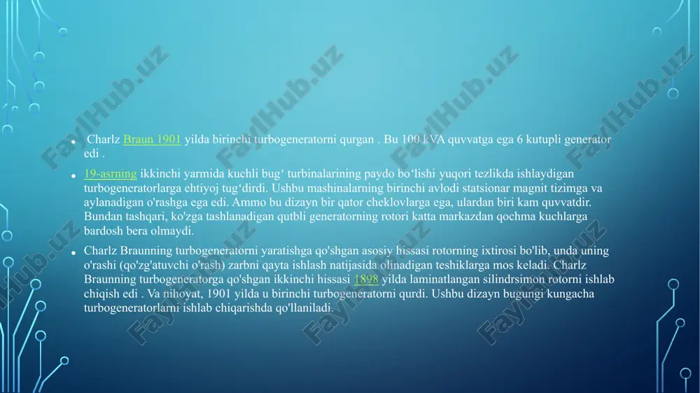 tebranishlarni kamaytirishga yordam beruvchi chulg‘am hisoblanadi. qoidaga binoan, gg ni sovutish sistemasi havoli yopiq holda bo‘lib u bevosita va bilvositali bo‘lishi mumkin. 300 mvt quvvatli va undan yuqori gg larda stator chulg‘amlari suv bilan sovitilib bevosita sovitish tizimlaridan iborat bo‘ladi. val bilan birgalikda shu valning o‘zida qo‘zg‘atgich o‘rnatilgan shuningdek valning aylantirish tezligining o‘lchaydigan taxogenerator o‘rnatilgan va u o‘zgartirish zaxira energiyasi bilan taminlaydi. taxogenerator - bu uch fazali o‘zgarmas magnitli generator xisoblanadi. gg va tg da normal ekspluatatsiyasida, asosan, ikki parallel sim liniyasida nosimmetriya bo‘lganligi uchun mashinaning magnit oqimida e.yu.k paydo bo‘ladi. bu kuchlanish normal rejimda 6 v-gacha tg larda va 30 v gg larda paydo bo‘lishi mumkin. zaxiradagi “val-podshibnik- fundament-podshibnik” qarshiligida tok yuz ampergacha ko‘tarilishi mumkin, bu esa valning shunday chiqishiga, podshibniklarni vikla ishdan chiqishiga olib keladi. gidrogeneratorlarda o‘zining tabiiy izolyatsiyasi vall bilan podshivnik orasidagi moy plyonkasidan tashqari, maxsus izolyatsiya o‘rnatilishi, qaysiki, tokni moy qop orqali o‘tishining oldini olish mumkin. …