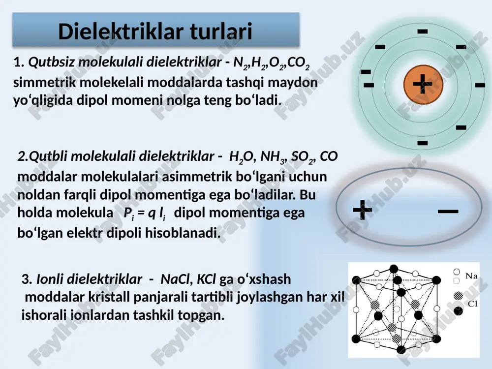 tizimning ds sirt va dv hajmlari elementlaridagi barcha erkin va bog‘langan zaryadlarining natijaviy maydon potensialidir. 30 kondensatorlar kondensator ikkita parallel qoplamalardan iborat bo‘lib, ularda qarama – qarshi ishorali zaryadlar to‘planadi. qoplamalar orasida dielektrik modda bo‘ladi. kondensator sig‘imi – kondensatorda yig‘ilgan q zaryadning qoplamalar orasidagi potensiallar farqiga nisbatiga teng bo‘lgan fizikaviy kattalikdir: 31 32 kondensatorlarni ketma – ket ulash qoplamalardagi elektr zaryadlari miqdor jihatdan bir – biriga tengdir. tizimga qo‘yilgan u kuchlanish alohida kondensatorlarda taqsimlanadi natijaviy sig‘im 33 kondensatorlarni parallel ulash kondensator qoplamalari orasidagi kuchlanish a va v nuqtalar potensiallar farqiga teng, shu sababli parallel ulangan kondensatorlar tizimining zaryadi kondensatorlar zaryadlari yig‘indisiga teng. parallel ulanganda sig‘imlar qo‘shiladi 34 foydalanilgan adabiyotlar 1. q.p.abduraxmanov, v.s.xamidov, n.a.axmedova. fizika. darslik. toshkent. 2018 y. 2. k.p.abduraxmanov, o'.egamov “fizika”. darslik. toshkent. 2013 y. 3. q.p.abduraxmanov, o’.egamov. “fizika”. darslik. toshkent. 2015 y. 4. douglas c. giancoli. physics. principles with applicathions. 2004 usa isbn-13 978-0-321-62592-2. 5. physics for scientists …