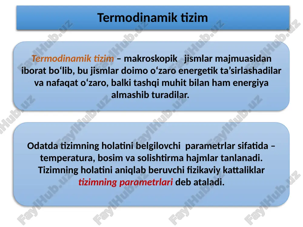 bo‘lgan katta miqdordagi n bir xil molekulalar majmuasi berilgan bo‘lsin. faraz qilaylik, molekulani tavsiflovchi qandaydir x kattalik bir qator: x1,x2,….xi diskret qiymatlarni qabul qilsin. agarda barcha n molekulalarning x kattaliklarini o‘lchash mumkin bo‘lganda, n1 molekulalar x1 qiymatga, n2 - x2 qiymatga, ni esa - xi qiymatga ega bo‘ladilar. 29 ri x kattalik xi qiymatga ega bo‘lish ehtimolligini ko‘rsatadi. barcha mumkin bo‘lgan kattaliklar ehtimolliklarining yig‘indisi birga teng. x dan x + dx gacha bo‘lgan intervalda molekulaning qabul qilishi mumkin bo‘lgan x kattaliklari ehtimolligi. 30 x kattalik bo'yicha molekulalar taqsimotining funktsiyasi yoki ehtimolligi zichligi f (x) taqsimot funktsiyasi deb ataladi taqsimot funktsiyasining fizikaviy ma'nosi: x1 dan x2 gacha sohada molekula x parametrning qiymatiga ega bo'lish ehtimolidir. taqsimot funktsiyasining normallash sharti 31 ideal gaz molekulalarining tezlik bo‘yicha taqsimotining makswell qonuni molekulalarning tezlik bo‘yicha taqsimoti funksiyasi - tezligi v dan v+dv gacha bo‘lgan intervalda molekulalarning nisbiy sonini aniqlaydi. makswell qonuni funksiyaning normallash sharti 32 …