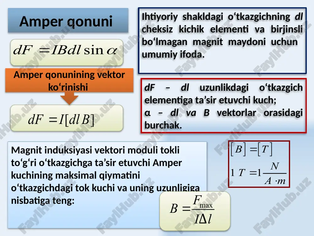 sirida ko‘chadi i tokli o‘tkazgichning dl elementi ko‘chishida bajariladigan elementar ish -s yuzadan o‘tuvchi magnit oqimi magnit maydonidagi tokli o‘tkazgichni ko‘chirishda amper kuchining bajargan ishi tok kuchini o‘tkazgich o‘ragan yuzadan o‘tuvchi magnit induksiyasi oqimiga ko‘paytmasiga teng. 27 magnit maydonida tokli o‘tkazgichning ko‘chishida bajarilgan ish i = const bo‘lgan tokli yopiq kontur magnit maydonidagi ixtiyoriy ko‘chishda bajarilgan ish – yopiq konturga tortilgan yuzadan o‘tuvchi magnit oqimining o‘zgarishi i = const tokli o‘tkazgich yoki yopiq konturni magnit maydonida ko‘chishida bajariladigan ish tok manba’i sarflaydigan energiya hisobiga amalga oshiriladi. 28 avs qismini ko‘chishida amper kuchi ko‘chishga teskari tomon yo‘nalgan cda qismini ko‘chishida amper kuchi ko‘chish tomon yo‘nalgandir. + magnit maydonida tokli o‘tkazgich ko‘chishida bajarilgan ish biz tarafdan avsda konturni magnit maydonida ko‘chishida amper kuchining bajaradigan ishi da o‘tkazgichlarni ko‘chirishda bajariladigan ishlar yig‘indisiga teng: 29 tokli yopiq konturni magnit maydonida ko‘chirishda bajariladigan ish konturdagi tok kuchini kontur bilan bog‘langan magnit oqimining o‘zgarishiga ko‘paytmasiga teng. …