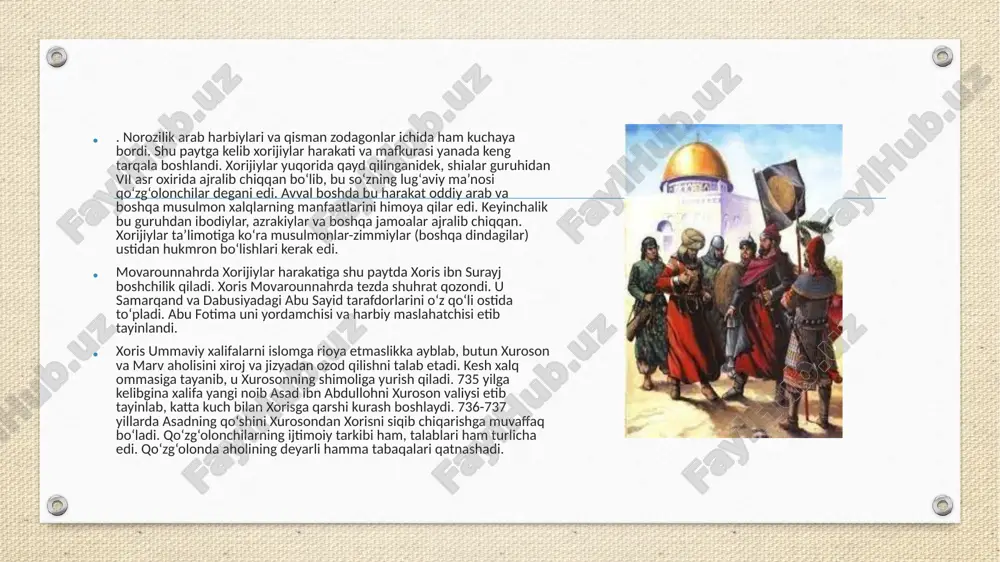ik va arablarni o‘rta osiyodan haydab chiqarish g‘oyalarini targ‘ib etar edi. muqanna ta’limoti sug‘d, iloq (oxangaron), shoshda ham yoyila boshladi. qo‘zg‘olonda turli ijtimoiy guruhlar vakillari qatnashib, ularni bir fikr- istilochilarini mamlakatdan haydab chiqarish, mustaqil davlat barpo qilish g‘oyasi birlashtirib turar edi. qo‘zg‘olonga zarba berish uchun xalifa abu ja’far 776 yilda jabroil ibn yahyo boshliq katta harbiy kuchni movarounnahrga yuboradi. biroq jabroil qo‘zg‘olonchilardan engiladi. u katta talofatlar berib bazo‘r samarqandga etib keladi. 10.000 askar bilan jabroilga yordamga yuborilgan uqba ibn salim kesh va samarqand oralig‘ida, g‘ariga boshliq 14.000 kishilik qo‘shin termiz yaqinida qo‘zg‘olonchilar tomonidan tor-mor keltiriladi. natijada chag‘oniyon qo‘zg‘olonchilar qo‘liga o‘tadi. muqanna oz davrida abu muslim isyonida ham ishtirok etgan edi qo‘zg‘olon markazi narshaxda, buxoro atrofida joylashadi. shu yili narshax yaqinida buxoro hokimi xusayn ibn muvoz va samarqand noibi jabroilning birlashgan qo‘shini o‘rtasida to‘rt oy jang bo‘ladi. “oq kiyimlilar” bu jangda qo‘llari avval ustun keladi, keyinchalik son jihatdan ko‘p bo‘lgan arablar …