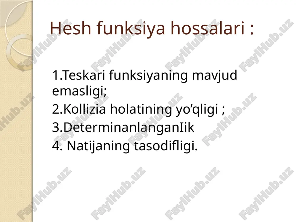 atori)ga hesh yoki hesh kod yoki hesh-summa yoki ma’lumotlar yig’mi(cvodkasi ) deyiladi. bunday funksiyalar kriptografiya va axborot xavfsizlik masalalarida keng qo’llaniladi. hesh funksiya hossalari : 1.teskari funksiyaning mavjud emasligi; 2.kollizia holatining yo’qligi ; 3.determinanlanganiik 4. natijaning tasodifligi. joylashtirish usuli (xeshlashtirish) ma’lumotlar tuzilmasida element joylashgan o‘rinni tez aniqlashga yo‘naltirilgan usuldir. joylashtirish usulida ma’lumotlar oddiy massiv sifatida ifodalangan bo‘ladi. elementni jadvalga qo‘shishdan oldin uning adresi xesh-funksiya orqali aniqlanadi: a = h(k), bu erda k – kalit, a – jadvaldagi element adresi bo‘lib, 0  a  n-1, shart o‘rinli bo‘ladi. f xesh-funksiya deb r kiruvchi elementlar to‘plamini manfiy bo‘lmagan butun sonlar to‘plami z ga akslantirishga aytiladi: f(r)=n, rϵr, nϵz. xesh-adreslash bu xesh-funksiya qiymatlar sohasini qandaydir bir ma’lumotlar massivining yacheykasi, adresi sifatida foydalanishdan iborat. u holda ma’lumotlar massivi o‘lchami foydalanilayotgan xesh-funksiyaning qiymatlar sohasiga mos kelishi kerak. turli a1, a2, a3 identifikatorlar uchun mos ravishda n1, n2, n3 xesh-funksiya qiymatlari to‘g‘ri kelsin. n1, n2, …