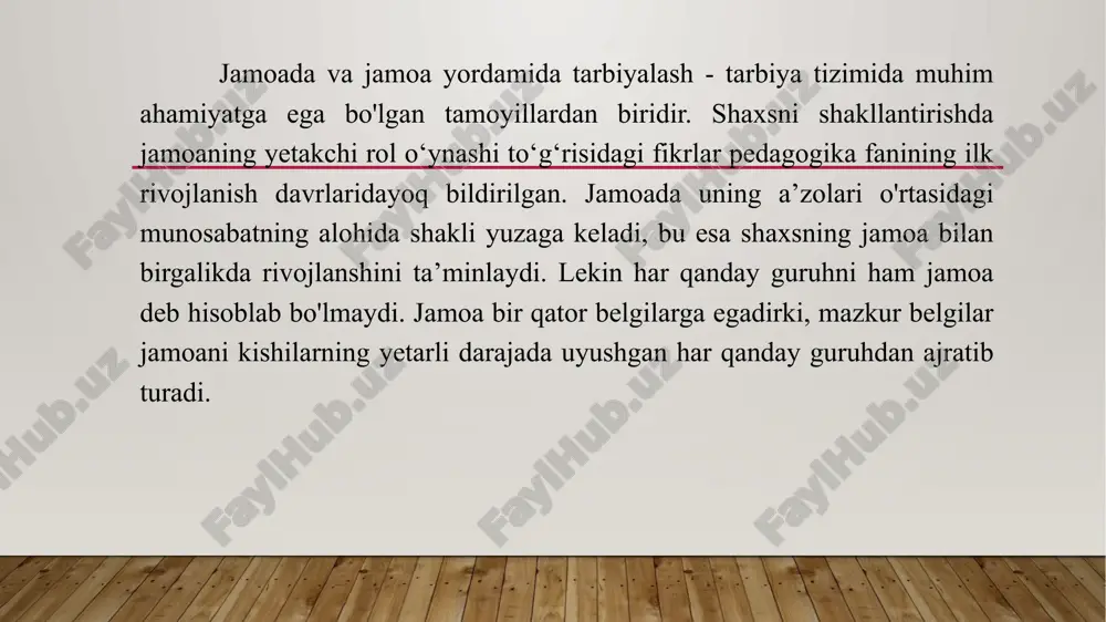 o'ziga xos yo‘nalishi (masalan o‘yindan umuminsoniyat baxti yo‘lida kurashishiga intilish o'rtasidagi farq) bilan ajralib turadi. to‘rtinchi bosqich jamoa a’zolarimng o‘ziga nisbatan yuksak axloqiy talablar qo‘ya olishlari bilan abamiyatlidir. jamoaning hayoti va faoliyati mazmuni jamoa a’zolarining har biri uchun shaxsiy ehtiyojga aylanadi. jamoadagi tarbiya jarayoni o‘z-o‘zini tarbiyalash jarayoniga aylanadi. biroq bu holat jamoaning muayyan shaxsni yanada rivojlantirishdagi roli va o'mini pasaytirmaydi. to‘rtinchi bosqichda amalga oshiriladigan vazifalar ancha murakkab va mas’uliyatlidir. mazkur bosqichda jamoa oldiga istiqbolli, yuksak va murakkab talablami qo‘yish uchun mutlaqo qulay sharoit yaratiladi. o‘quvchilar jamoasini shakllantirish shart-sharoitlari. o‘quvchilar jamoasini shakllantirishning jarayonida quyidagi shart-sharoitlarni hisobga olish lozim: pedagogik talab, jamoa faolini tarbiyalash, jamoaviy an’analami qaror toptirish. jamoani shakllantirishda jamoa a’zolari va ulaming faoliyatlariga qo‘yiladigan yagona talablar muhim ahamiyat kasb etadi. yagona talab 0‘quvchilaming dars jarayonidagi, tanaffus, sinfdan tashqari ishlar vaqtidagi, shuningdek, jamoat joylari hamda oiladagi xulqatvor qoidalarni o‘z ichiga oladi. o ‘qituvchilar tomonidan qo‘yiigan talablar quyidagi sharoitlarda ijobiy natija beradi: …