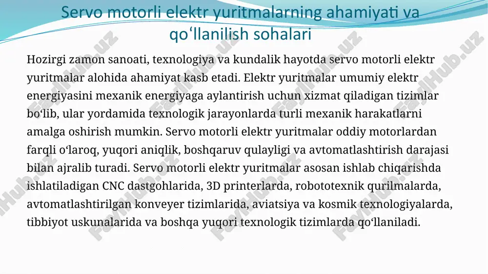 nsipi tashqi boshqaruv signali servo drayverga uzatiladi, drayver motorni harakatlantiradi, enkoder esa motorning holatini o‘lchab boshqaruv tizimiga yuboradi. boshqaruv tizimi esa har doim motorning haqiqiy holatini kerakli holat bilan solishtirib boradi. servo dvigatelning ish printsipi nisbatan sodda, ammo uning ishi yanada samaralidir. servo pallasida vosita bloki o'rnatilgan va odatda vites bilan jihozlangan moslashuvchan mil ishlatiladi. elektr uzatish motorni boshqaradi, shuningdek, eksa harakati miqdorini aniqlaydi. servo dvigatelning ichki sozlanishi juda oddiy: kichik dc vosita, boshqaruv davri va potentsiometr. dc vosita boshqaruv g'ildiragiga vites orqali ulangan. dvigatel aylanayotganda potentsiometrning qarshiligi o'zgaradi va boshqaruv pallasi harakat va yo'nalishni aniq sozlashi mumkin. mil to'g'ri ideal holatda bo'lganda, vosita quvvat berishni to'xtatadi. agar mil belgilangan maqsadda to'xtamasa, vosita to'g'ri yo'nalishga kirguncha ishlaydi. nishon pozitsiyasi elektr pulsi yordamida signal chizig'i orqali uzatiladi. shuning uchun, vosita tezligi haqiqiy va ideal holatga mutanosibdir. dvigatel kerakli joyga yaqinlashganda, vosita asta-sekin aylana boshlaydi, lekin vosita eng uzoqqa burilsa, tezlik juda …