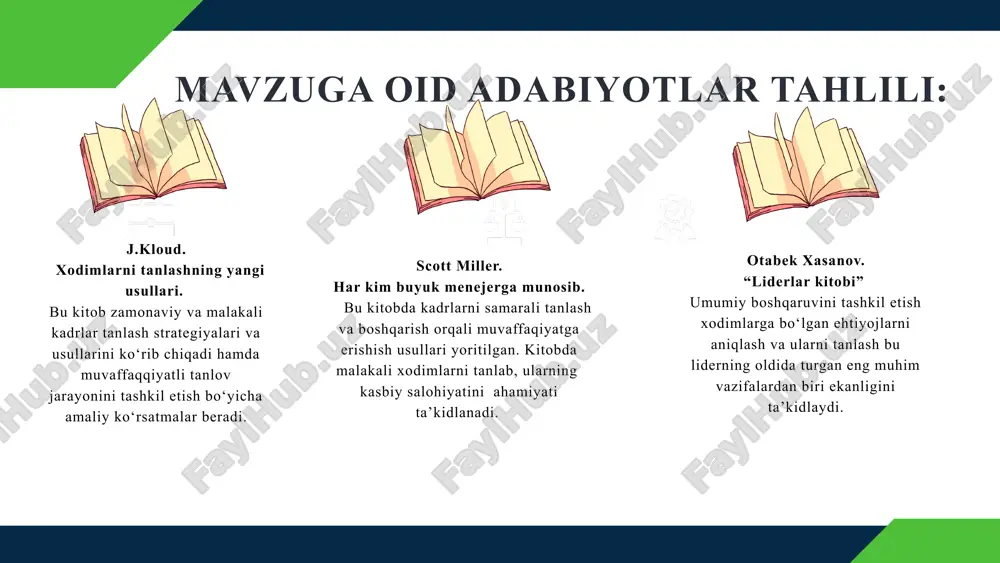 ehnat qiladigan boshqa maktab o‘qituvchilarining jalb etilmasligi boshqa ta’lim muassasasida faoliyat yuritadigan salohiyatli kadrlarni jalb etish ya’ni, “oltinboshlilar”-“headhunting”ni ovlash; ma’naviy rag‘batlantirishga qaratilgan motivatsion dasturlarni yo‘lga qo‘yish. maktab rahbari o‘quv yili davomida maktabga ushbu mexanizm orqali salohiyatli kadrlar jalb qilinadi, ta’lim sifati ko‘tariladi 12 e’tiboringiz uchun rahmat. image4.png image5.png image6.png image7.png image8.png image9.png image10.jpeg image11.jpeg image12.jpeg image13.png image14.png image15.png image16.gif image17.png image18.png image19.png image20.png image21.jpeg image22.png image23.png image24.png image25.jpeg image26.png