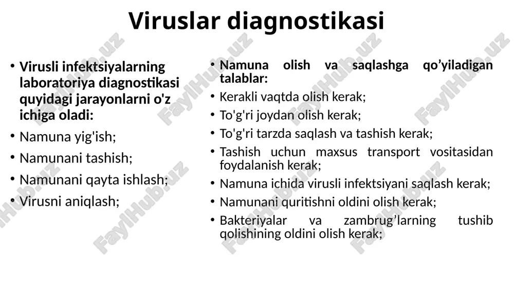 mozaikasi virusini 0,5-5 mkg/ml gacha aniqlashi mumkin. bu usul biror modda yoki hujayra (lateks, bentonit, eritrotsit, bakteriya hujayrasi va bosh.) az bilan nishonlanishiga (sensibilizasiya qilinishiga) asoslangan. agar bunday sinsabilizasiya qilingan modda yoki hujayra suspenziyasiga virus zarrachalari qo‘shilsa virus va az reaksiyasi natijasida har xil o‘lchovli agregatlar hosil bo‘ladi. usulning quyidagi turlari mavjud. agglyutinatsiyaga asoslangan usullar lateks usuli (lu) virobakterial agglyutinatsiya usuli (vba) bentonit flokulyatsiyasiga asoslangan usul (bdu) lateks usuli lateks usulini (lu) birinchi bo‘lib berks o‘simlik viruslarini diagnostika qilishda qo‘llagan. bunda az ni polistiroldan tayyorlangan lateks zarralariga aralashtirilib, lateks zarrasi ustiga at molekulalarini immobilizasiyalanadi va lateks zarrasi at bilan nishonlanadi. lateksning 0.81 mkm diametrli zarralari az ning gamma globulin fraksiyasiga qo‘shilsa nishonlangan lateks hosil bo‘ladi va uni diagnostikum deb ataladi. virobakterial agglyutinasiya bu usul biror modda yoki hujayra (lateks, bentonin, eritrotsit, bakteriya hujayrasi va bosh.) az bilan nishonlanishiga (sensibilgizasiya qilinishiga) asoslangan. agar bunday sinsibilizasiya qilingan modda yoki hujayra suspenziyasiga virus …