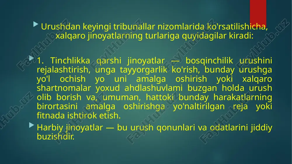 ratilgan boshqa tajovuzlar; 2) bunday shaxslarga mansub bo'lgan rasmiy ish joyi, turaijoy yoki transport vositasiga qarshi qaratilgan tajovuzlar. narkotik moddalar bilan noqonuniy muomala qilish. bu sohadagi ilk hujjat — opium bo’yicha konvensiya 1912-yildayoq qabul qilingan. ikkinchi jahon urushidan keyin narkotik moddalaiga qarshi kurash bmt doirasida amalga oshirilmoqda. 1946-yili ekosos shafe’ligida narkotik vositalar bo’yicha komissiya tuzildi. keyinchalik yana qator hujjatlar qabul qilindi. 1988-yilda narkotik vositalar va psixotrop moddalar bilan noqonuniy muomala qilishga qarshi kurash to’g’risidagi bmt konvensiyasi kuchga kirdi. jinoiy faoliyatdan olingan daromadlami «yuvish» («otmuvanie»)ga qarshi kurash mintaqaviy doirada olib borilmoqda. 1990-yilda yevropa kengashining jinoiy faoliyatdan olingan daromadlami aniqlash, olib qo’yish va konfiskatsiya qilish to’g’risidagi konvensiyasi qabul qilingan. «daromad» deganda, jinoyat sodir etish evaziga olingan har qanday iqtisodiy foyda tushuniladi. konvensiyada daromadlami noqonuniy «yuvish» bilan bog’liq, ya’ni daromadlaming kelib chiqishini yashirish yoki buzib ko’rsatish jinoyatlari belgilangan. ishtirokchi davlatlar bir-biridan (tegishli sudlov qarori mavjud bo’lishi sharti bilan) muayyan shaxs daromadlarining kelib chiqishi …