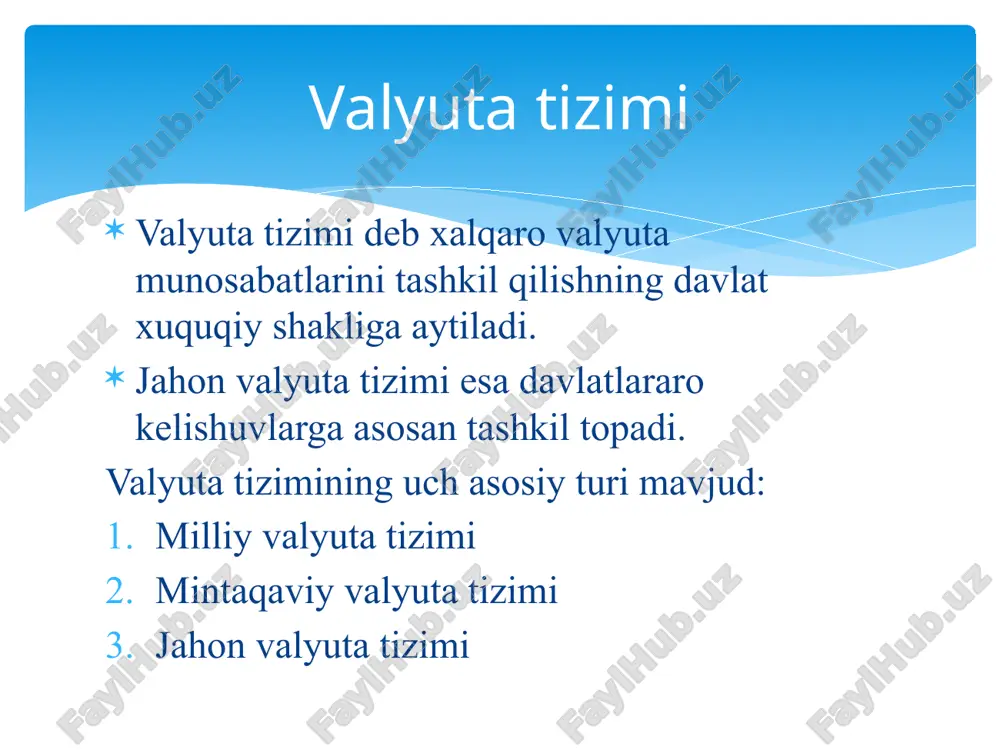 i hisoblanadi. o’z navbatida muddatli valyuta operatsiyalarining uch shakli mavjud: forvard operatsiyalari valyuta opsionlari bilan amalga oshiriladigan operatsiyalar valyuta fyucherslari bilan amalga oshiriladigan operatsiyalar forvard operatsiyalari valyuta zaxiralarini valyuta riskidanhimoya qilish maqsadida qo’llaniladi. forvard operatsiyalari deganda ma’lum bir valyutani belgilangan kurs bo’yicha kelgusida sotib olish yoki sotish tushuniladi. forvard kursi bu forvard shartnomasi imzonalayotganda belgilab qo’yiladigan kurs bo’lib, u shartnoma ijrosiga qadar o’zgarmasdan qoladi. forvard operatsiyalari valyuta opsionlari qimmatli qog’ozlar bo’lib, ma’lum bir valyutani belgilangan kurs bo’yicha kelgusida sotib olish yoki sotish huquqini beradi. valyuta opsionlari, forvard shartnomalaridan farqli ravishda o’z egasiga majburuyit yuklamaydi, faqat xuquq beradi. valyuta opsionlarining ikki turi hisoblanadi: call opsion put opsionlar valyuta opsionlari valyuta fyuchersi shunday shartnomaki, ma’lum bir valyutani belgilangan kurs bo’yicha kelgusida sotib olish yoki sotish xuquqini beradi. valyuta fyuchersi svop operatsiyasi ma’lum bir valyutani spot sharti bo’yicha sotish va uni forvard sharti bo’yicha sotib olish yoki valyutani forvard sharti bo’yicha sotish va …