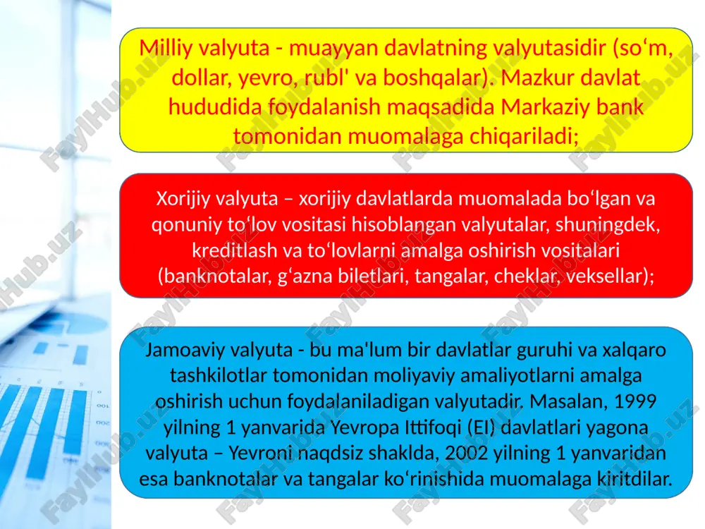 yani jilovlash va tashqi iqtisodiy muvozanatni ushlab turish va boshq. jahon valyuta tizimiga esa quyidagi elementlar kiradi: xalqaro to‘lov vositasi; valyuta kurslarini belgilash va saqlab turish mexanizmi; valyutalarni konvertatsiyalash shartlari; valyutaviy cheklashlarni davlatlararo tartibga solish; xalqaro valyutaviy likvidlikni ta’minlash va tartibga solish; xalqaro hisob-kitob shakllarini umumlashtirish; oltin va valyuta bozorlarida ishlash rejimlari; valyuta munosabatlarini tartibga soluvchi davlatlararo institutlarning huquq va majburiyatlari image2.jpeg image3.png image4.png image5.png image6.png image7.png image8.png image9.png image10.png image11.png image12.png image13.png image14.png image15.png image16.png image17.png image18.png image19.png image1.png /docprops/thumbnail.jpeg